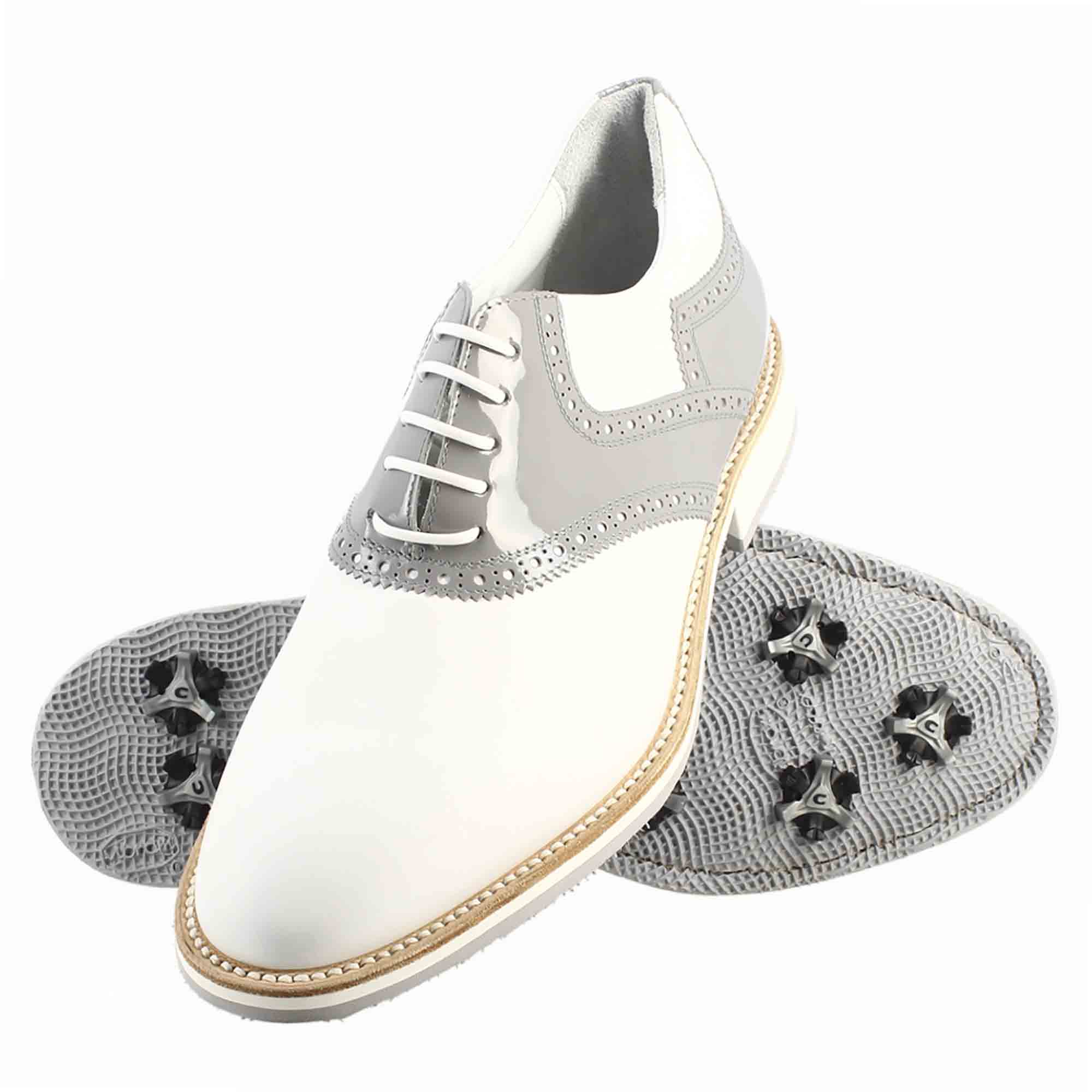 Scarpe da golf artigianali in pelle colore bianco e grigio - LeonardoShoes