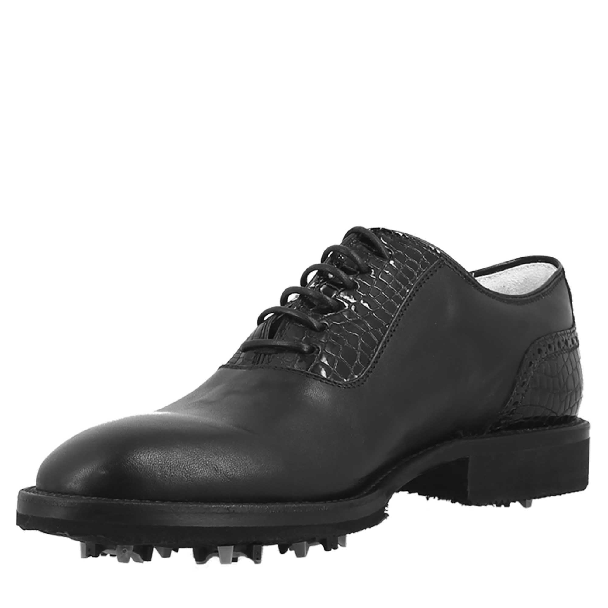 Scarpe da golf artigianali in pelle colore nero punta liscia - LeonardoShoes