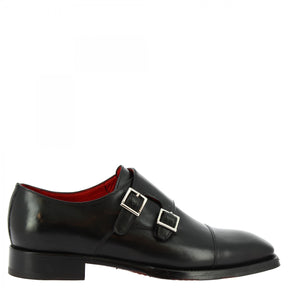 Men's handmade black calf leather double buckle dress shoes