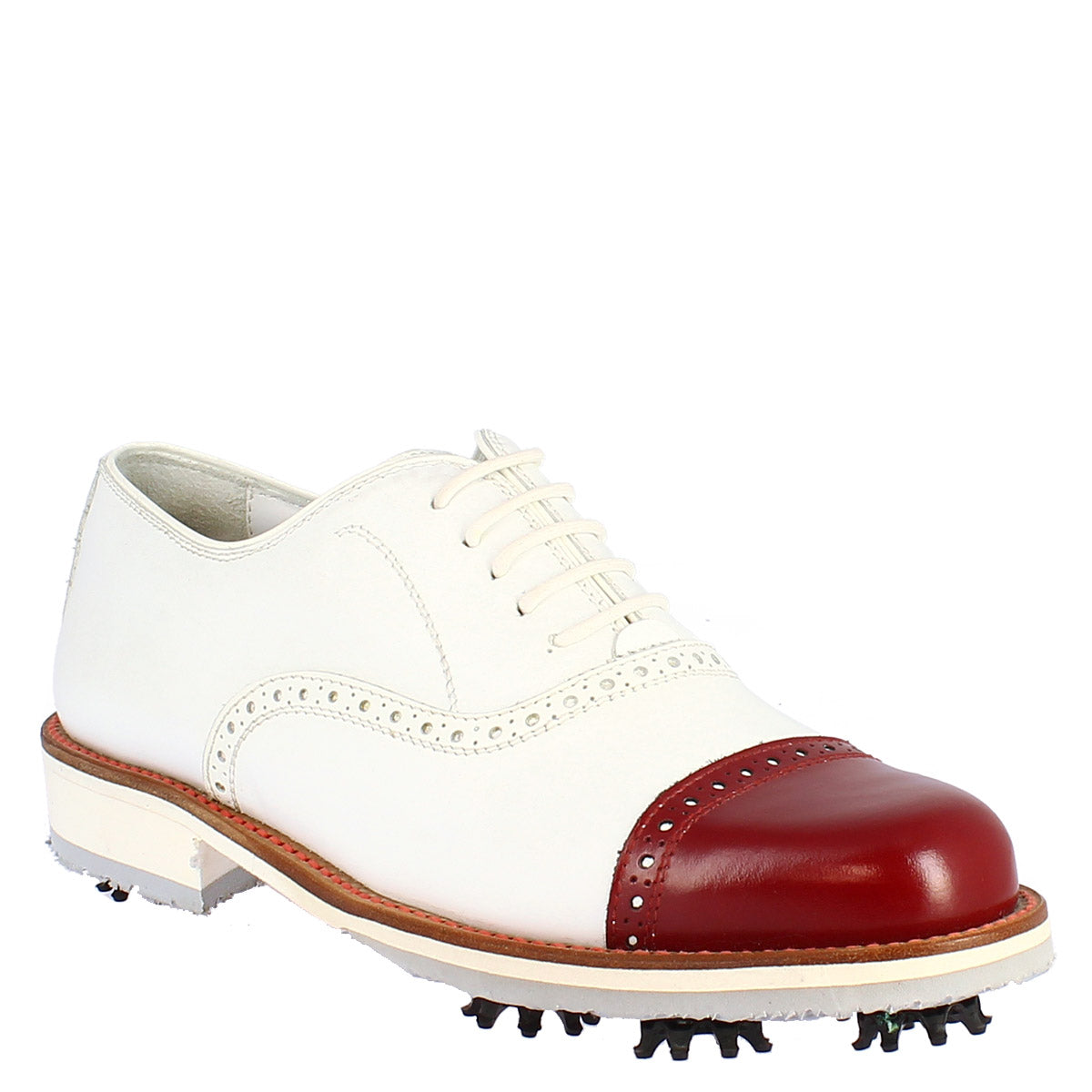 Scarpe golf uomo artigianali in pelle bianco con puntale rosso