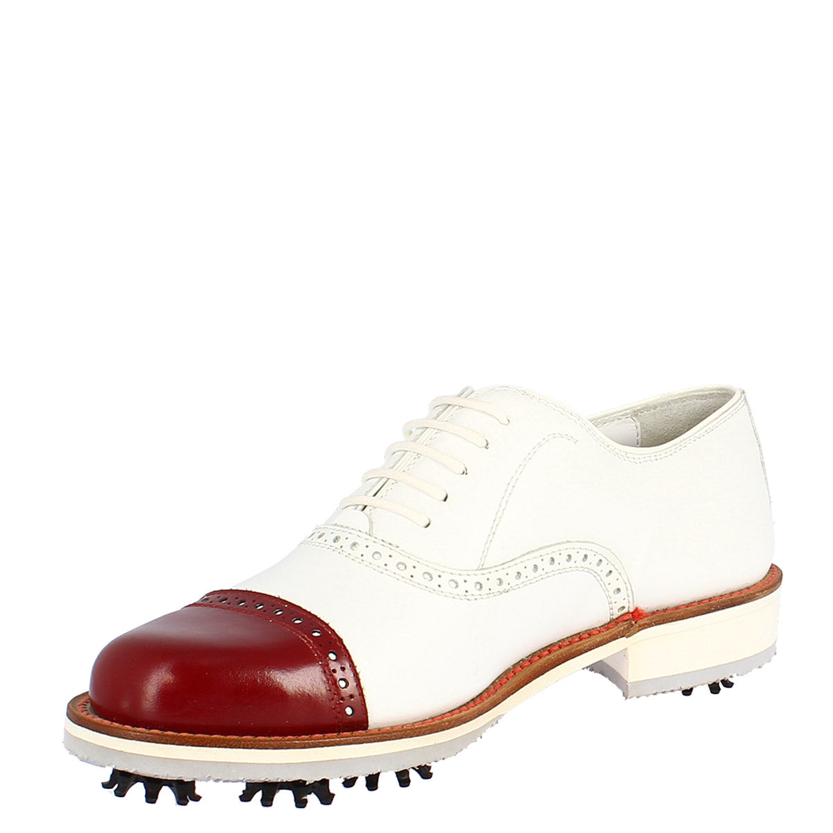 Scarpe golf artigianali in pelle bianco con puntale rosso - LeonardoShoes