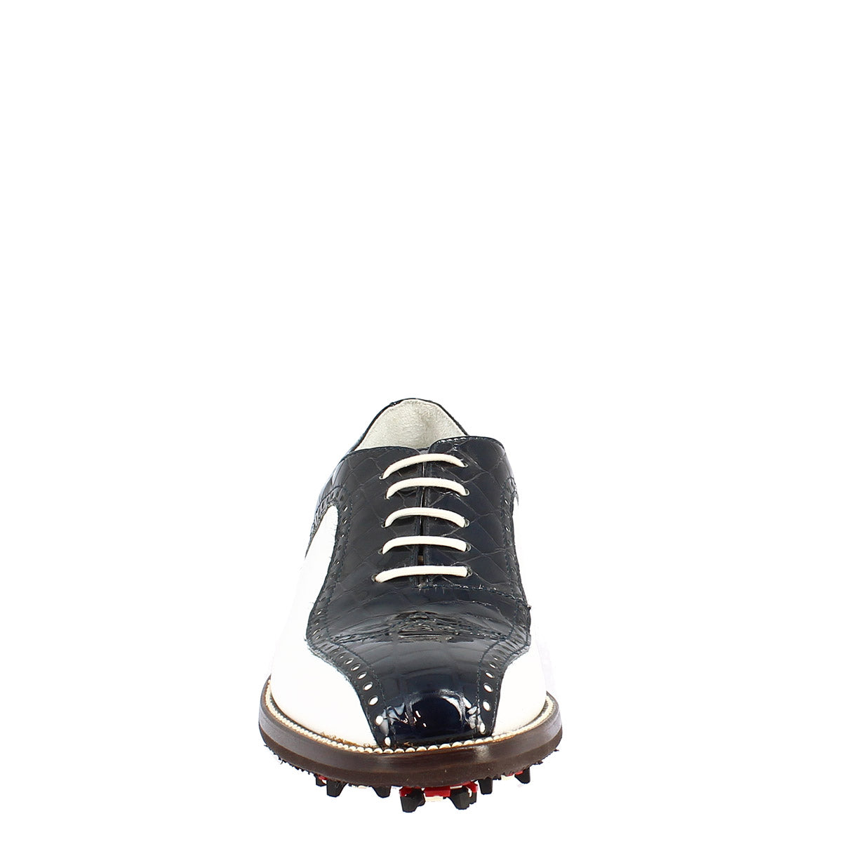 Scarpe golf artigianali in pelle pieno fiore bianco cocco blu - LeonardoShoes