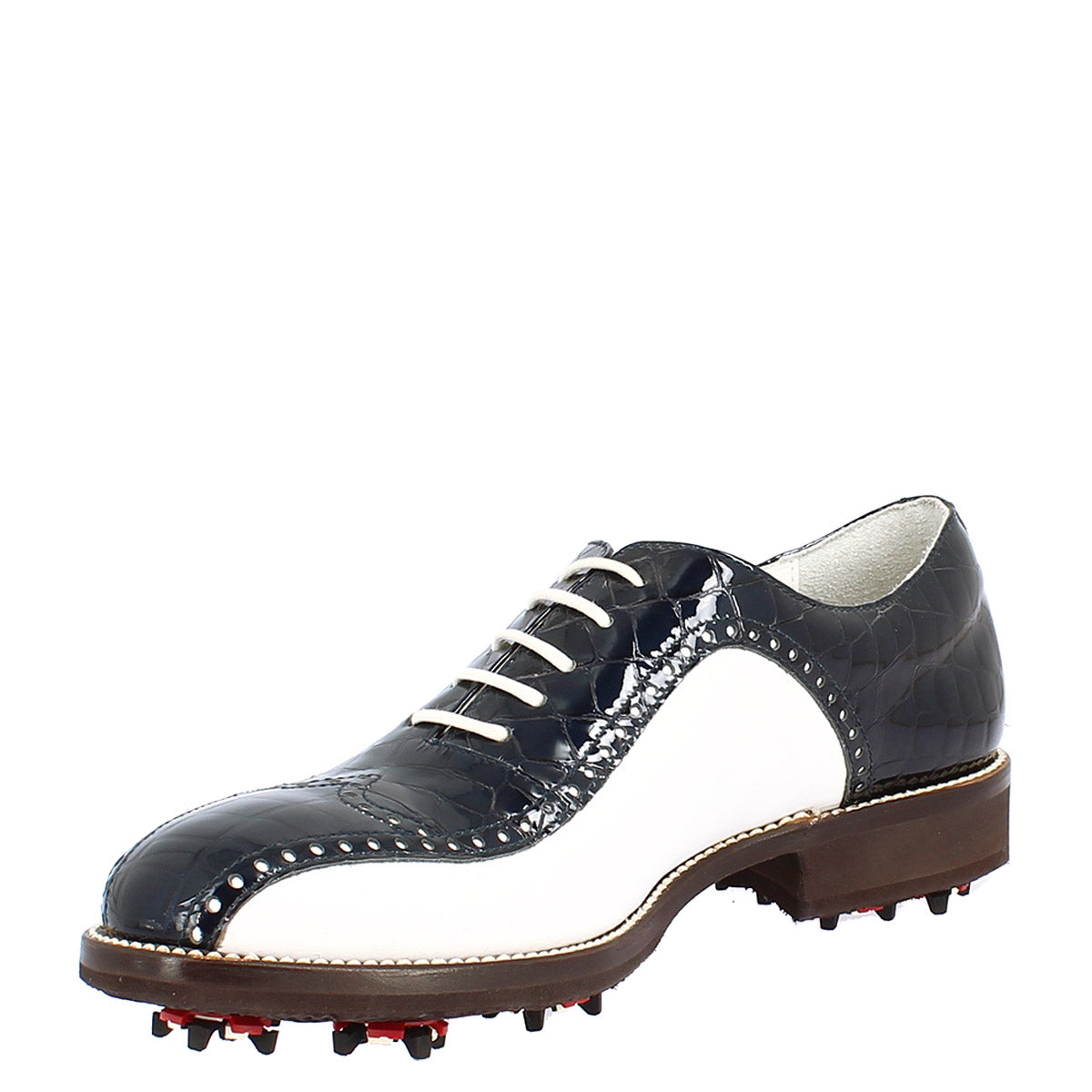 Scarpe golf artigianali in pelle pieno fiore bianco cocco blu - LeonardoShoes