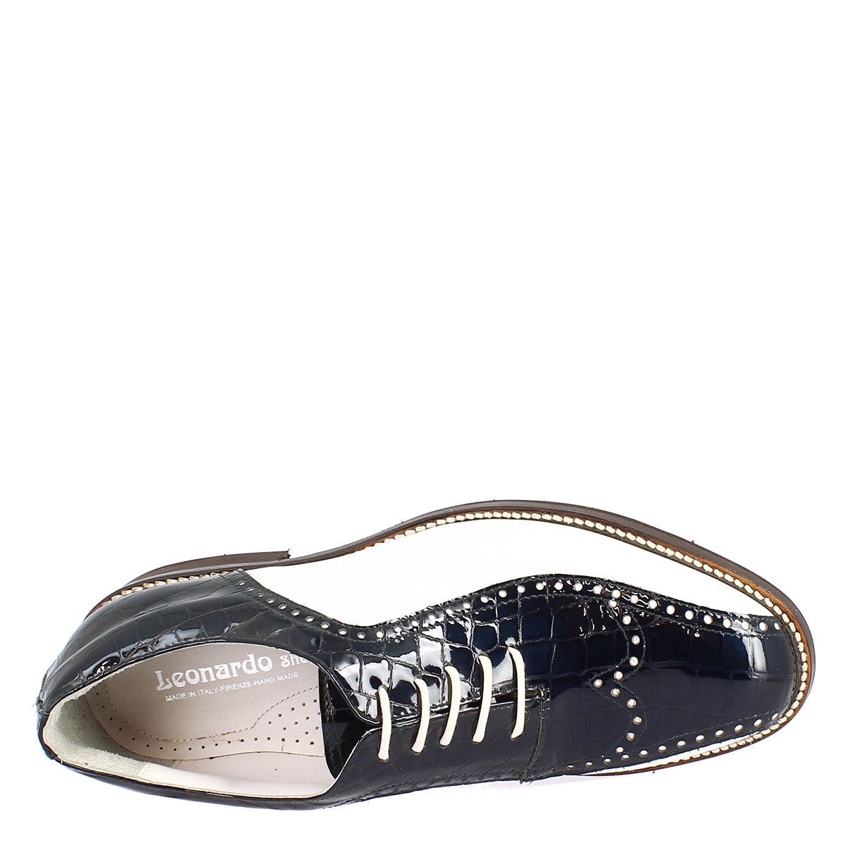 Scarpe golf artigianali in pelle pieno fiore bianco cocco blu - LeonardoShoes