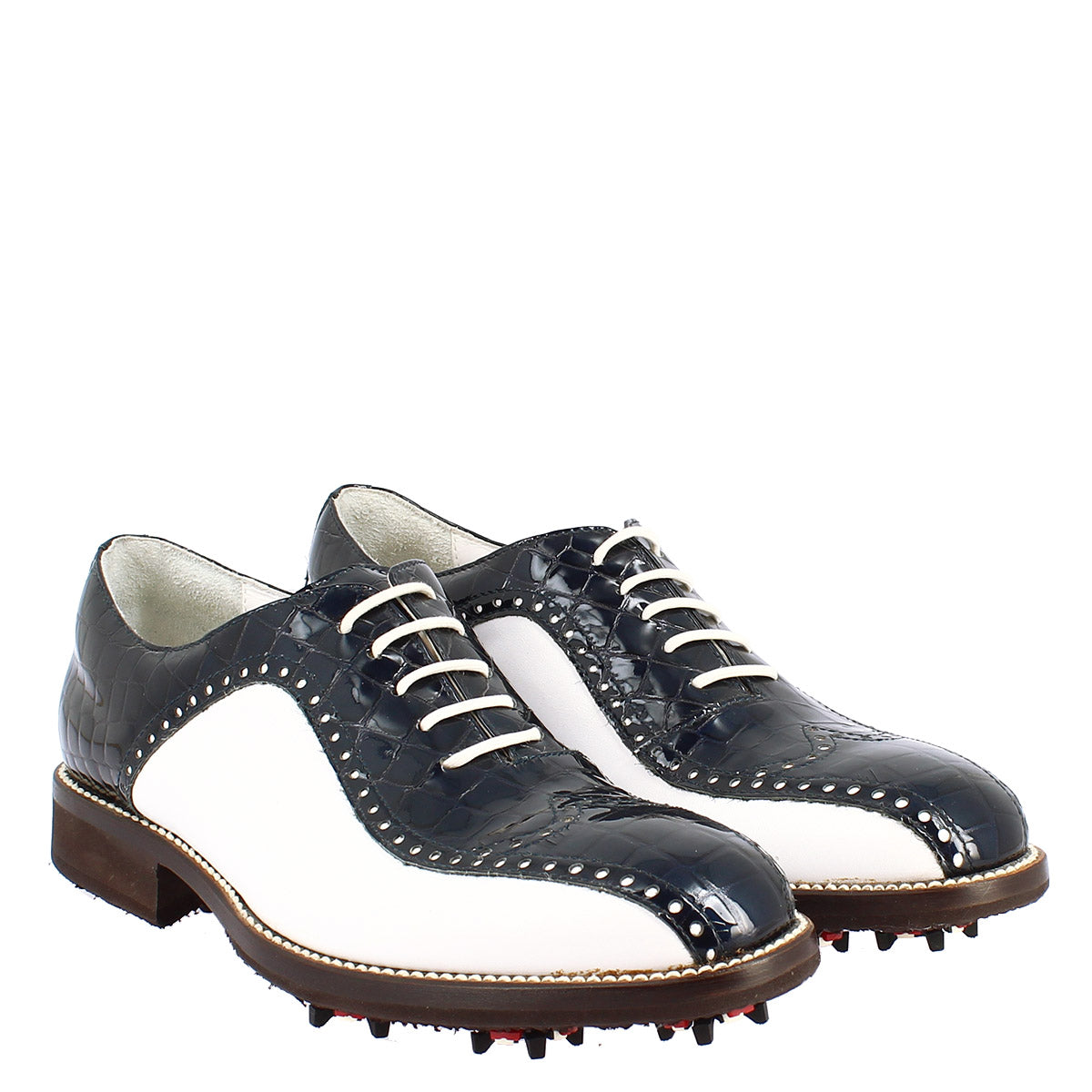 Scarpe golf artigianali in pelle pieno fiore bianco cocco blu - LeonardoShoes