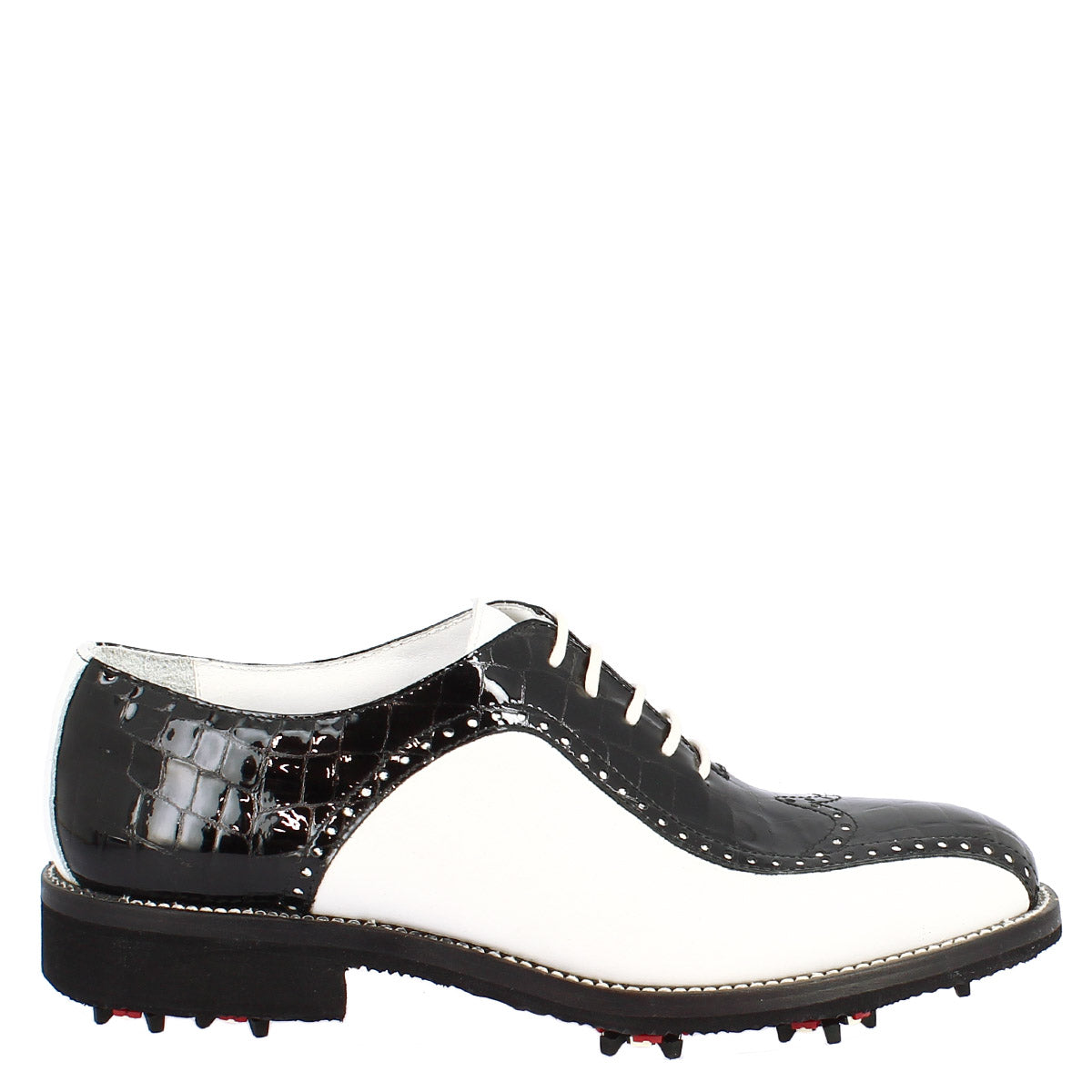 Scarpe golf artigianali in pelle pieno fiore bianco e cocco nero - LeonardoShoes