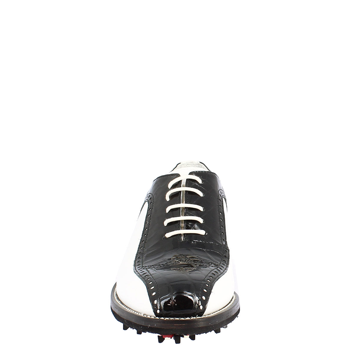 Scarpe golf artigianali in pelle pieno fiore bianco e cocco nero - LeonardoShoes