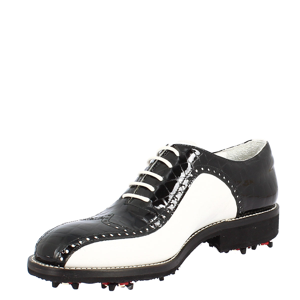 Scarpe golf artigianali in pelle pieno fiore bianco e cocco nero - LeonardoShoes