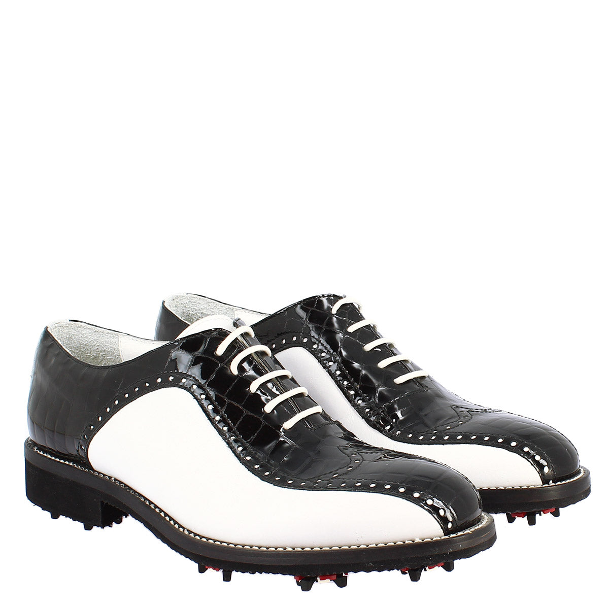 Scarpe golf artigianali in pelle pieno fiore bianco e cocco nero - LeonardoShoes