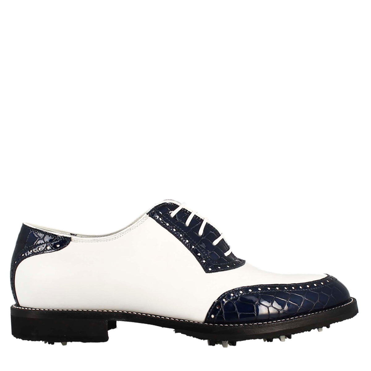 Scarpe golf da uomo artigianali in pelle bianco e cocco blu