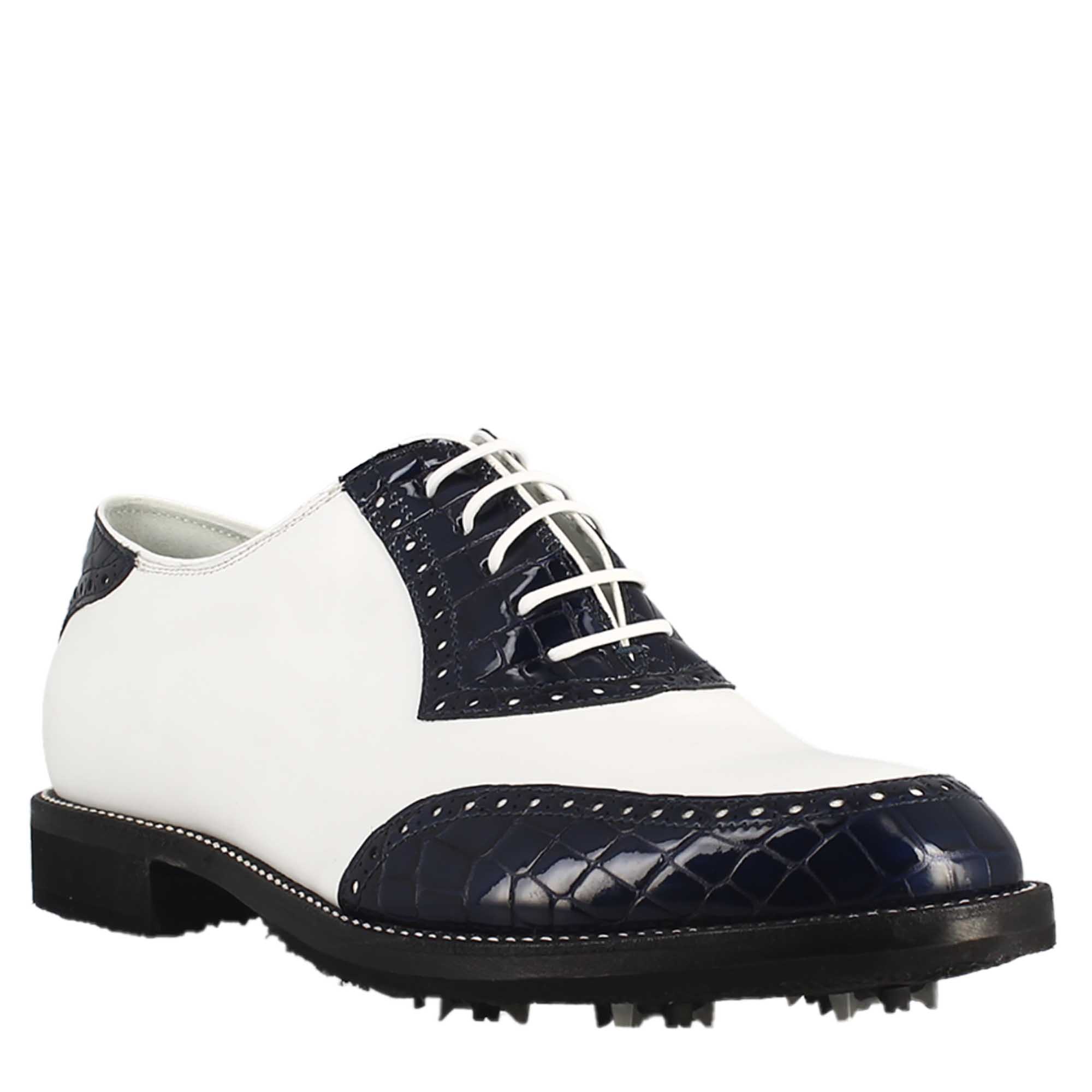 Scarpe golf artigianali in pelle bianco e cocco blu - LeonardoShoes