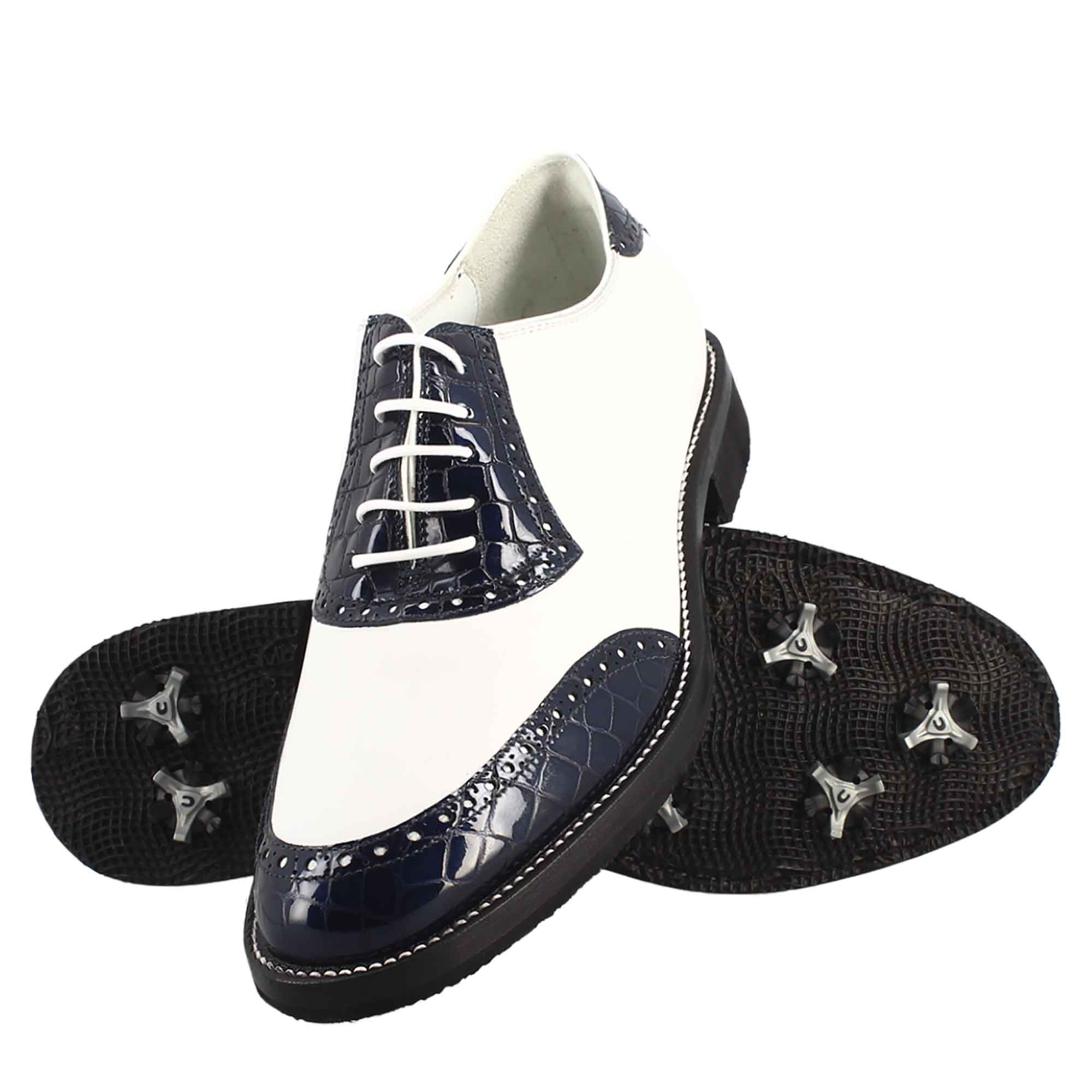 Scarpe golf artigianali in pelle bianco e cocco blu - LeonardoShoes