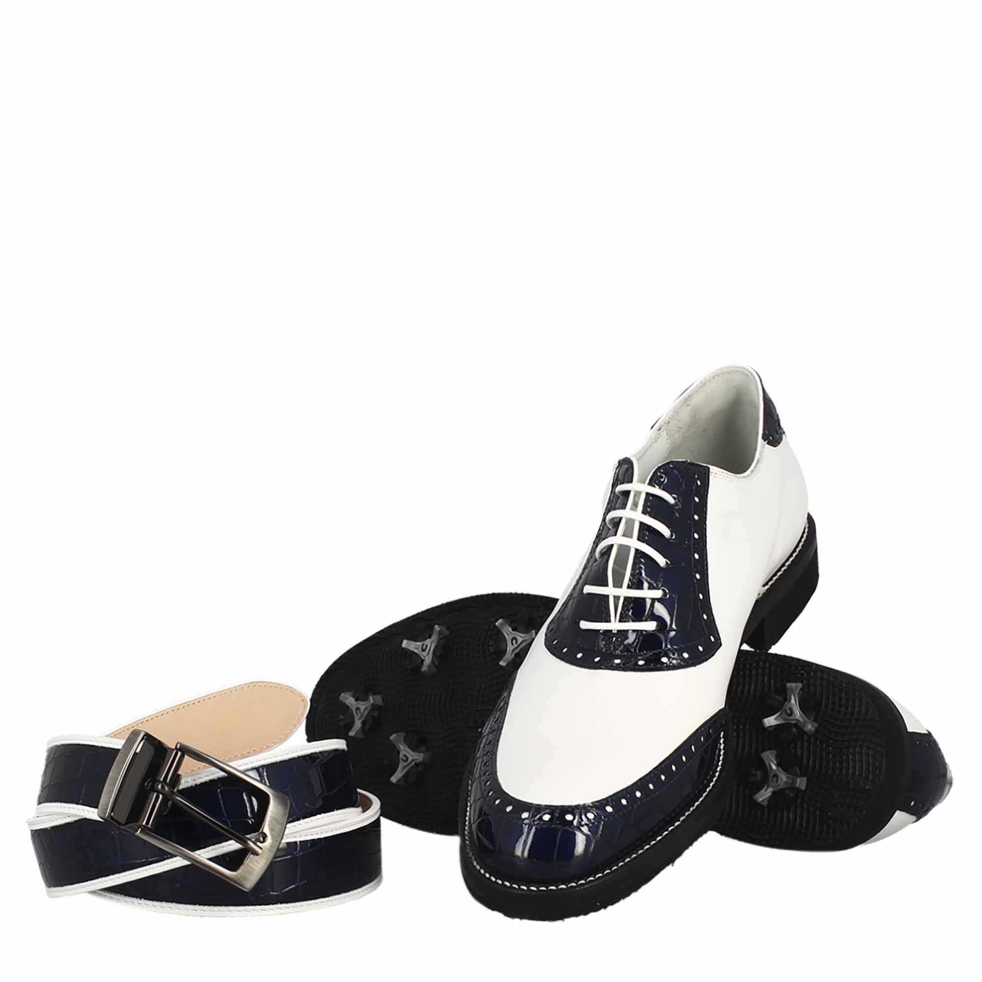Scarpe golf artigianali in pelle bianco e cocco blu - LeonardoShoes