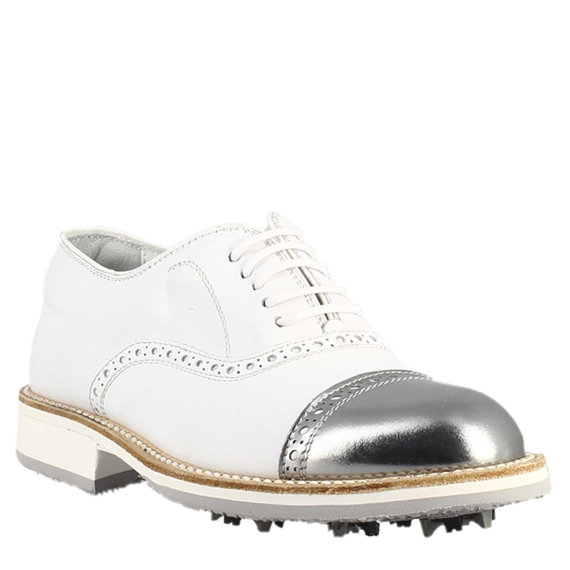 Scarpe golf artigianali in pelle bianco e dettagli in argento - LeonardoShoes