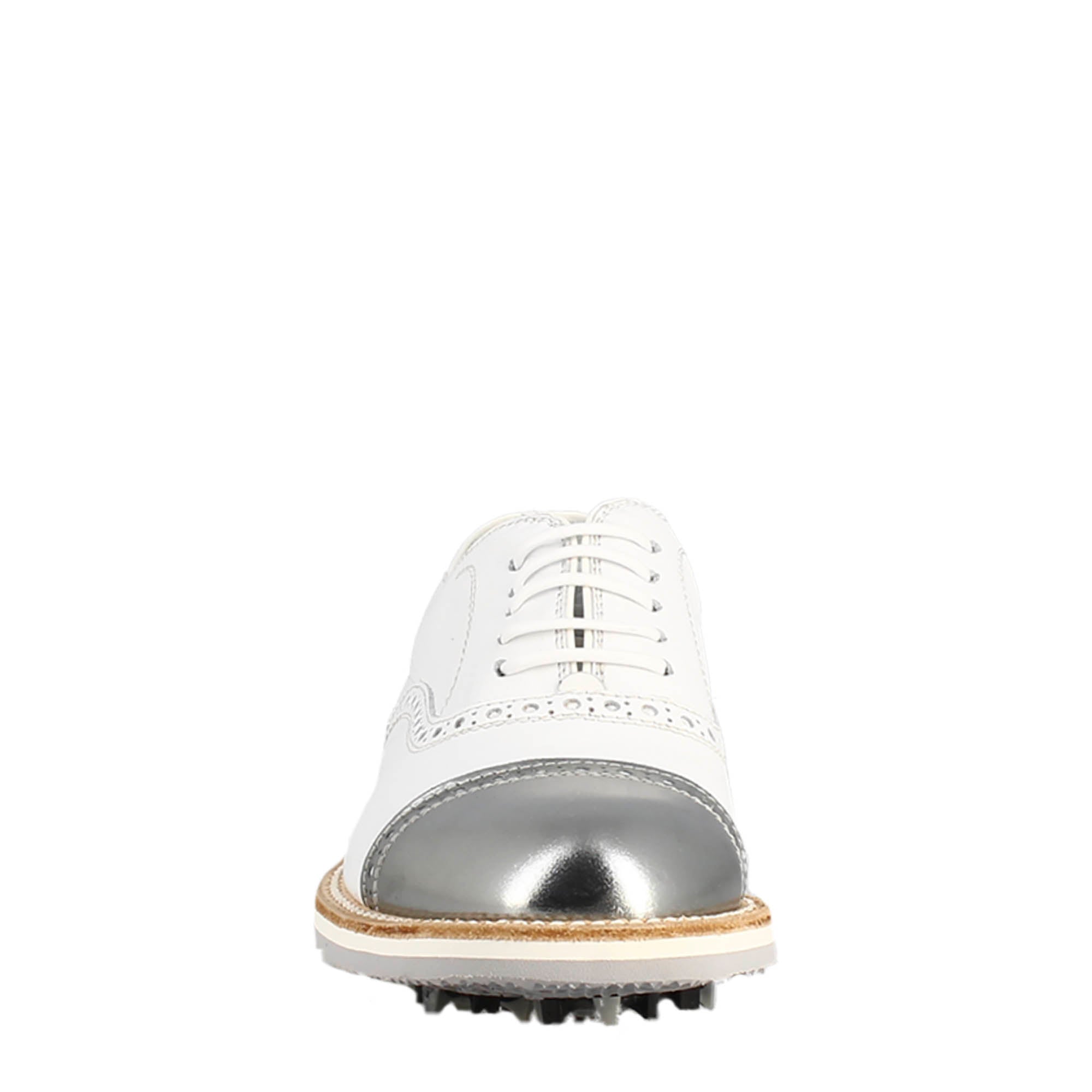 Scarpe golf artigianali in pelle bianco e dettagli in argento - LeonardoShoes