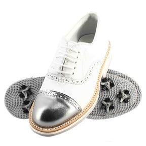 Handcrafted men's golf shoes in white leather and silver detailing