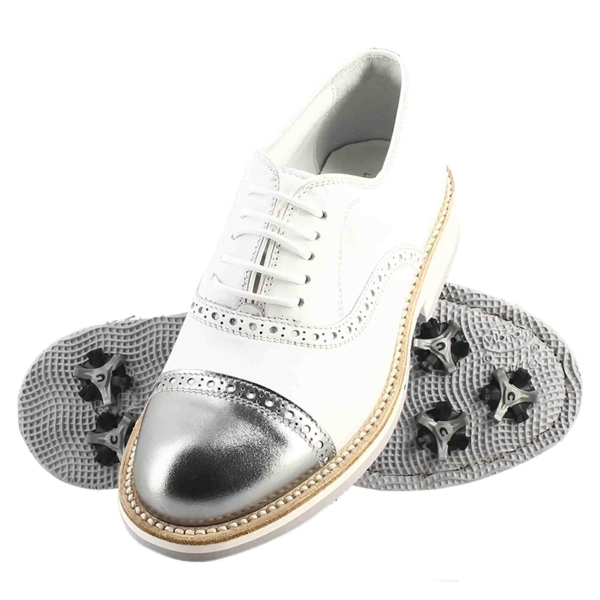 Scarpe golf artigianali in pelle bianco e dettagli in argento - LeonardoShoes