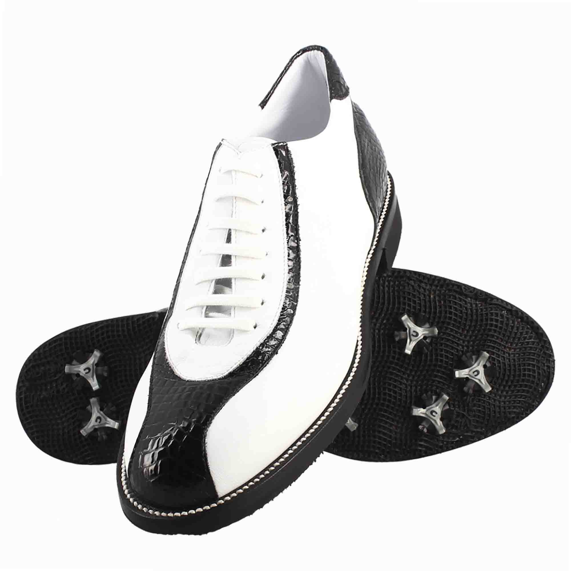 Scarpe golf artigianali in pelle bianco e dettagli in cocco nero - LeonardoShoes