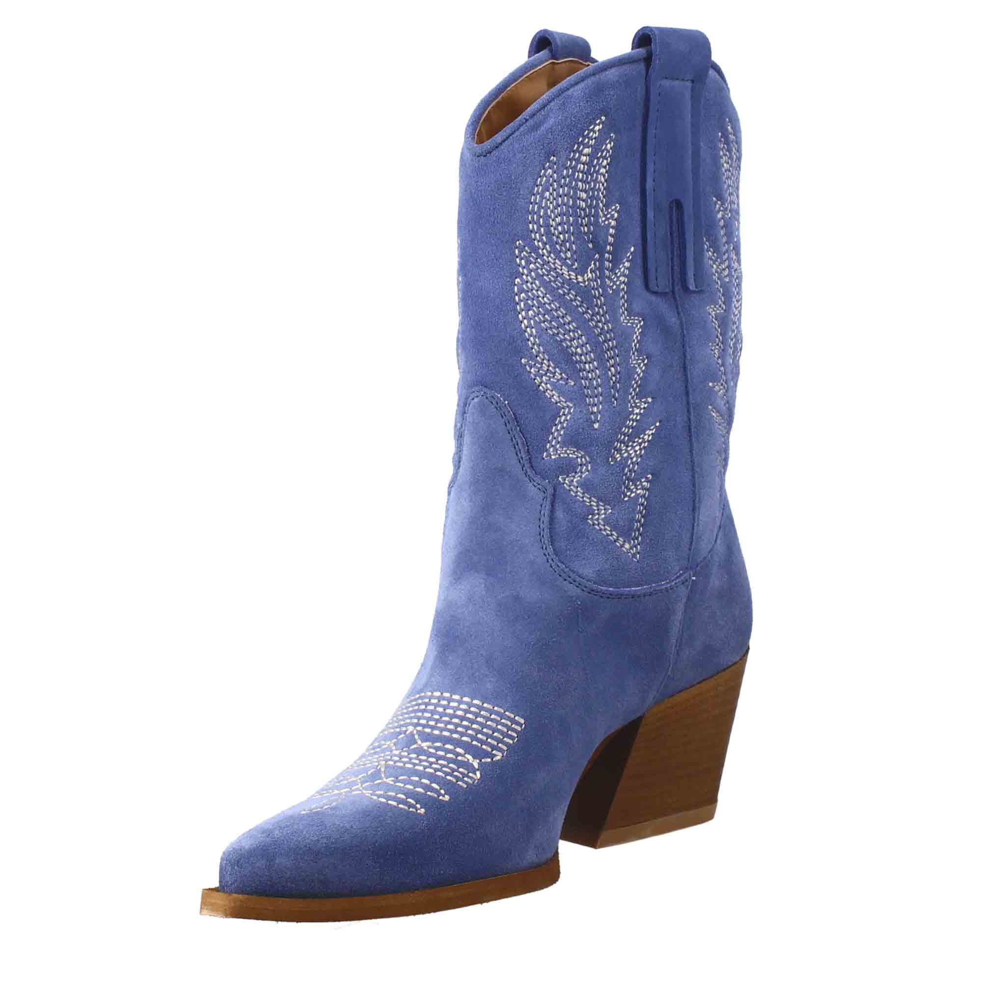 Stivaletto texano da donna in camoscio, color azzurro con ricamo. - LeonardoShoes