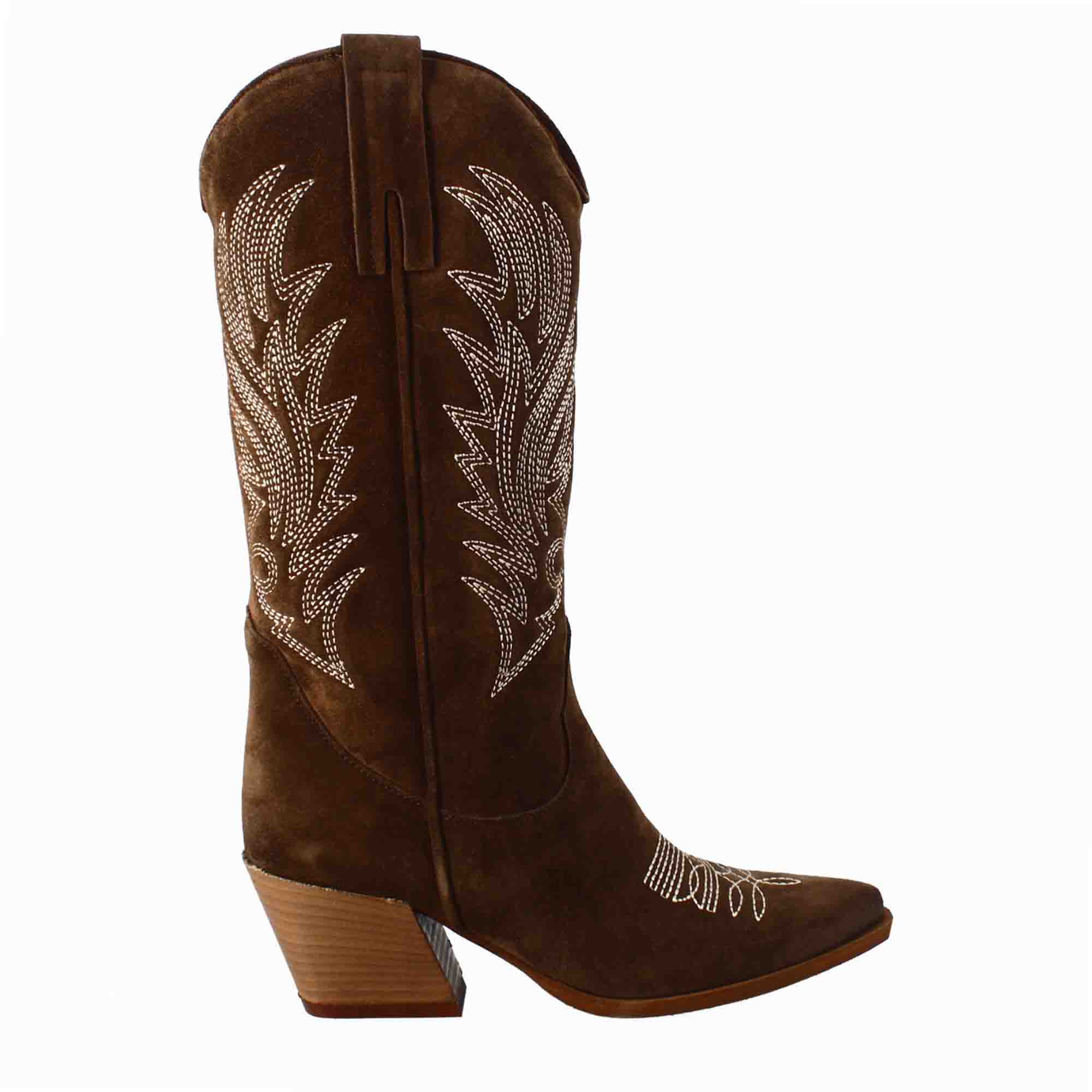 Stivaletto texano da donna in camoscio color cioccolato con ricamo - LeonardoShoes