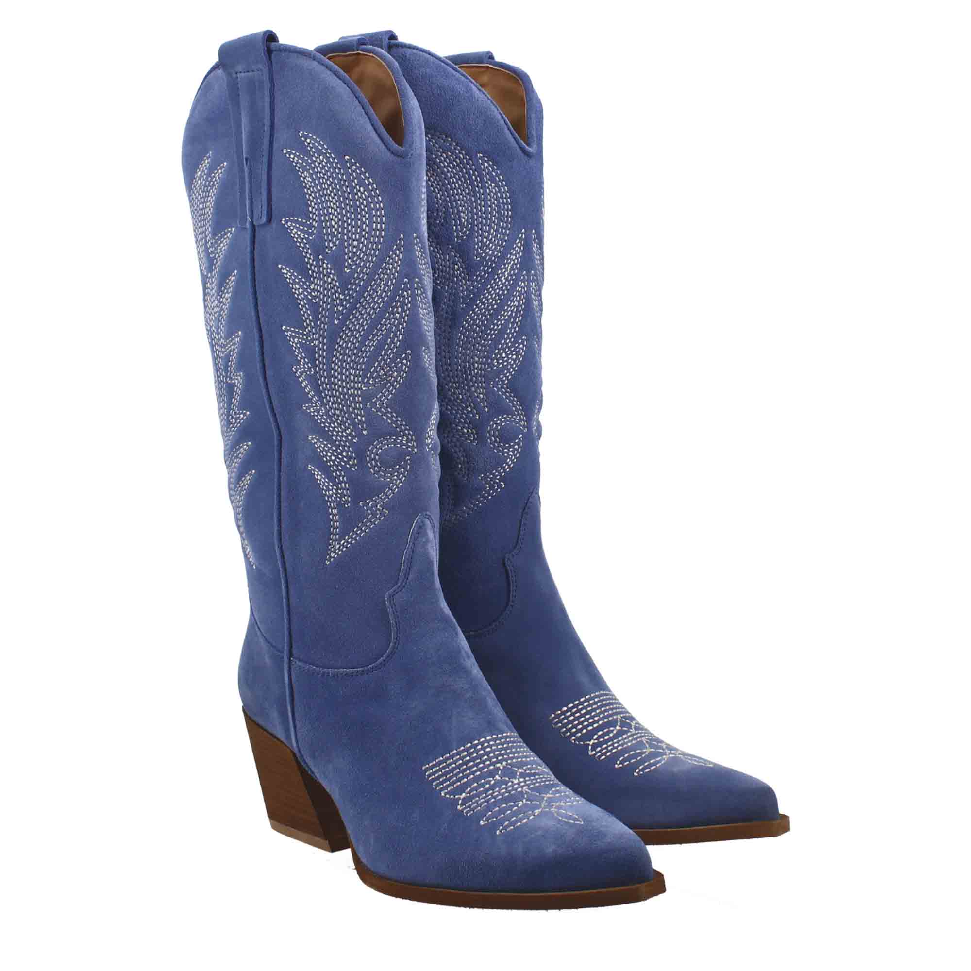 Bottes texanes moyennes pour femme en daim bleu avec broderie.