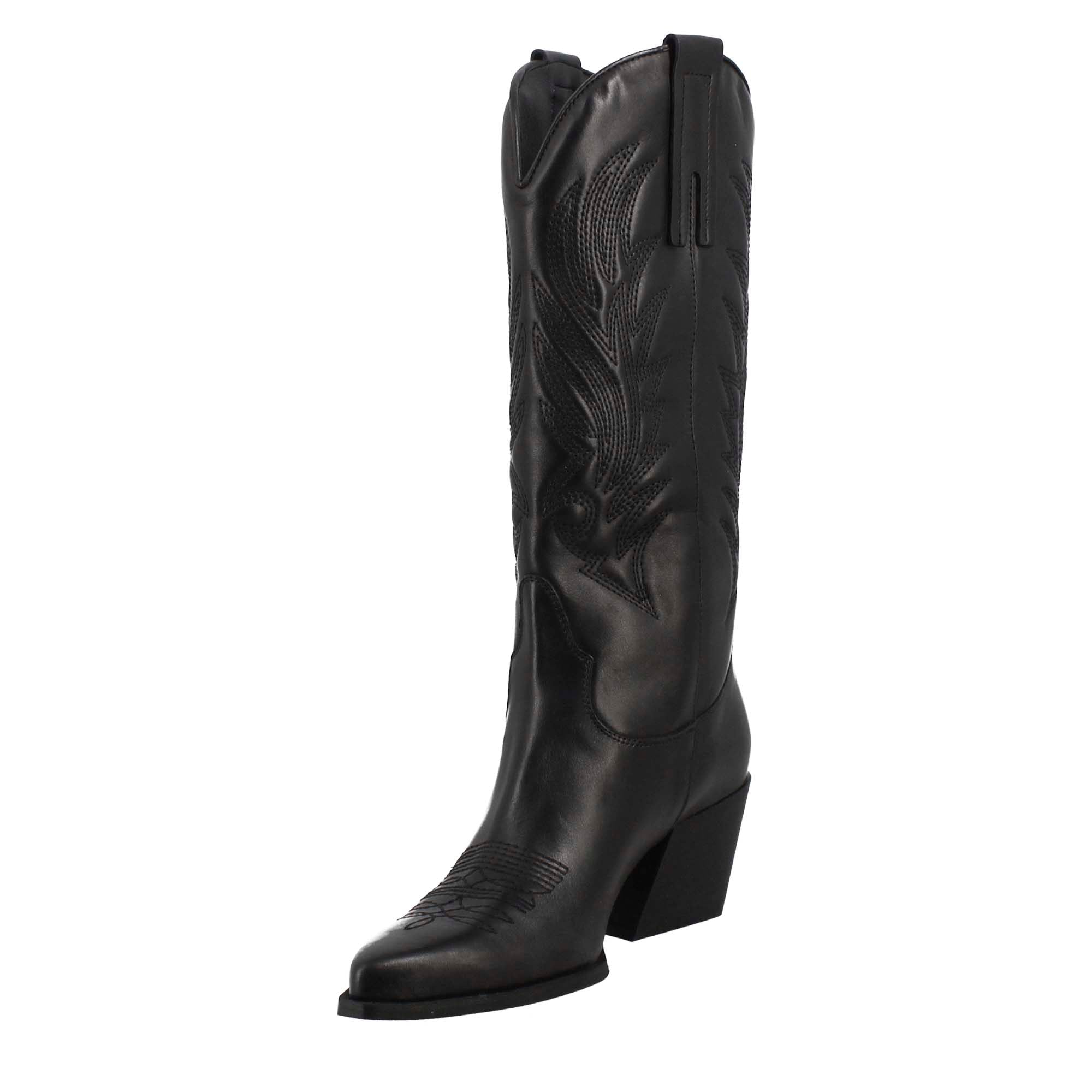 Stivale texano da donna in pelle nera con ricamo - LeonardoShoes