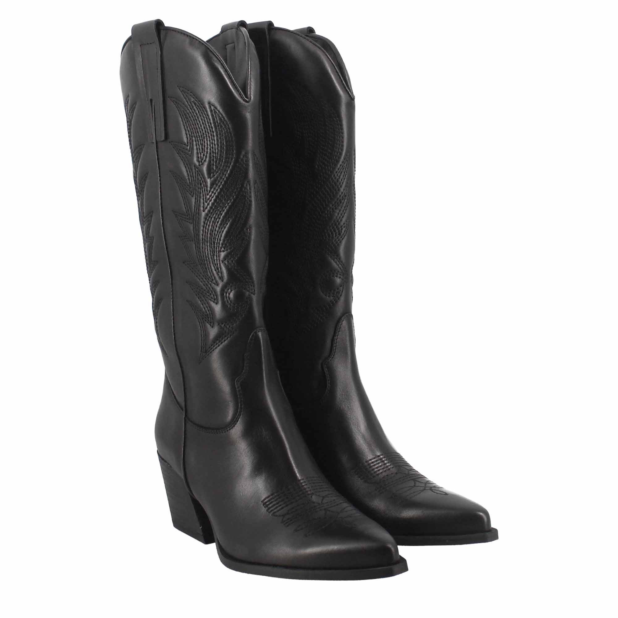 Stivale texano da donna in pelle nera con ricamo - LeonardoShoes