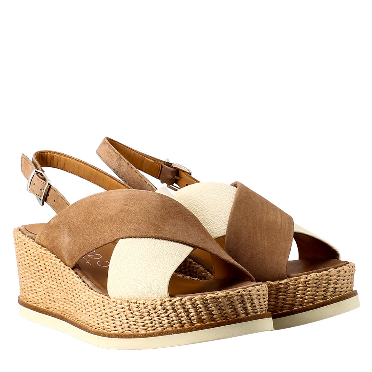 Zeppa da donna biocolore panna e cuoio - LeonardoShoes