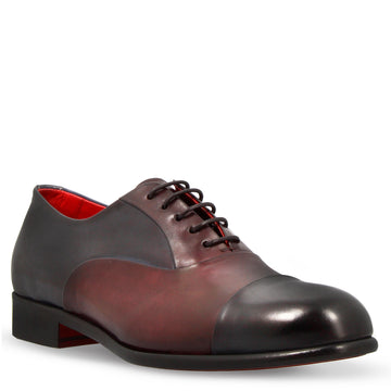 Oxford marrone scuro e blu elegante da uomo in pelle e fodera rossa - LeonardoShoes