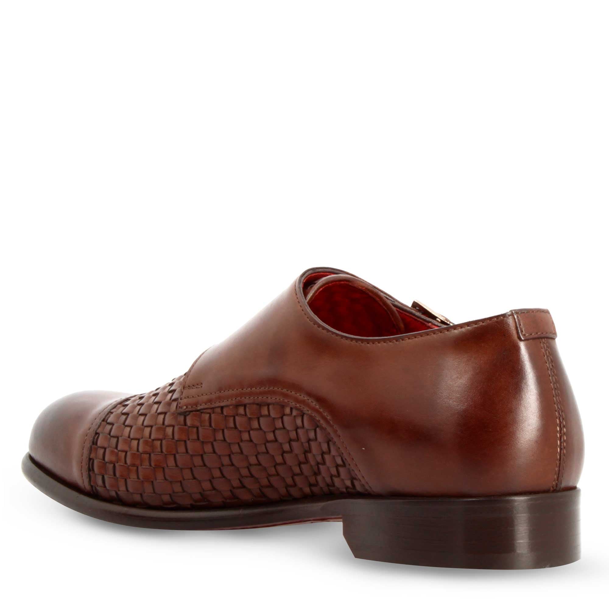 Scarpa doppia fibbia da uomo in pelle intrecciata marrone siena