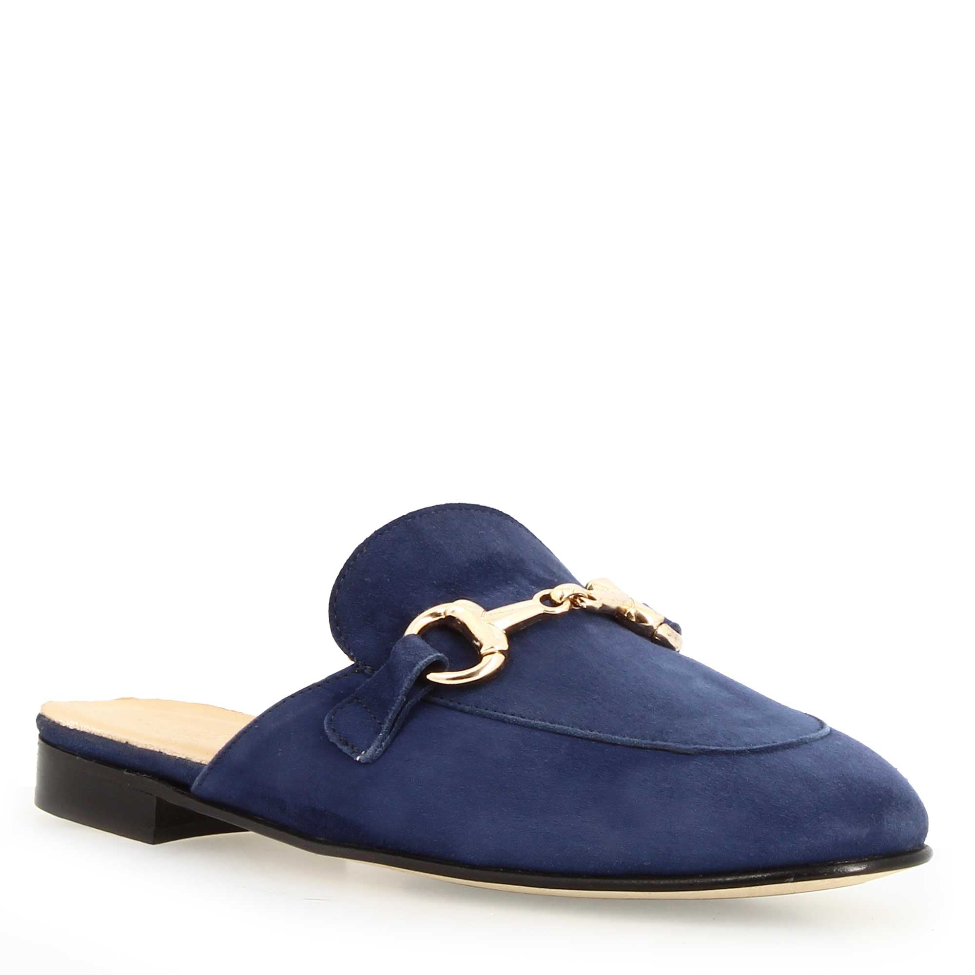 Sabot da donna in pelle scamosciata blu con fibbia oro