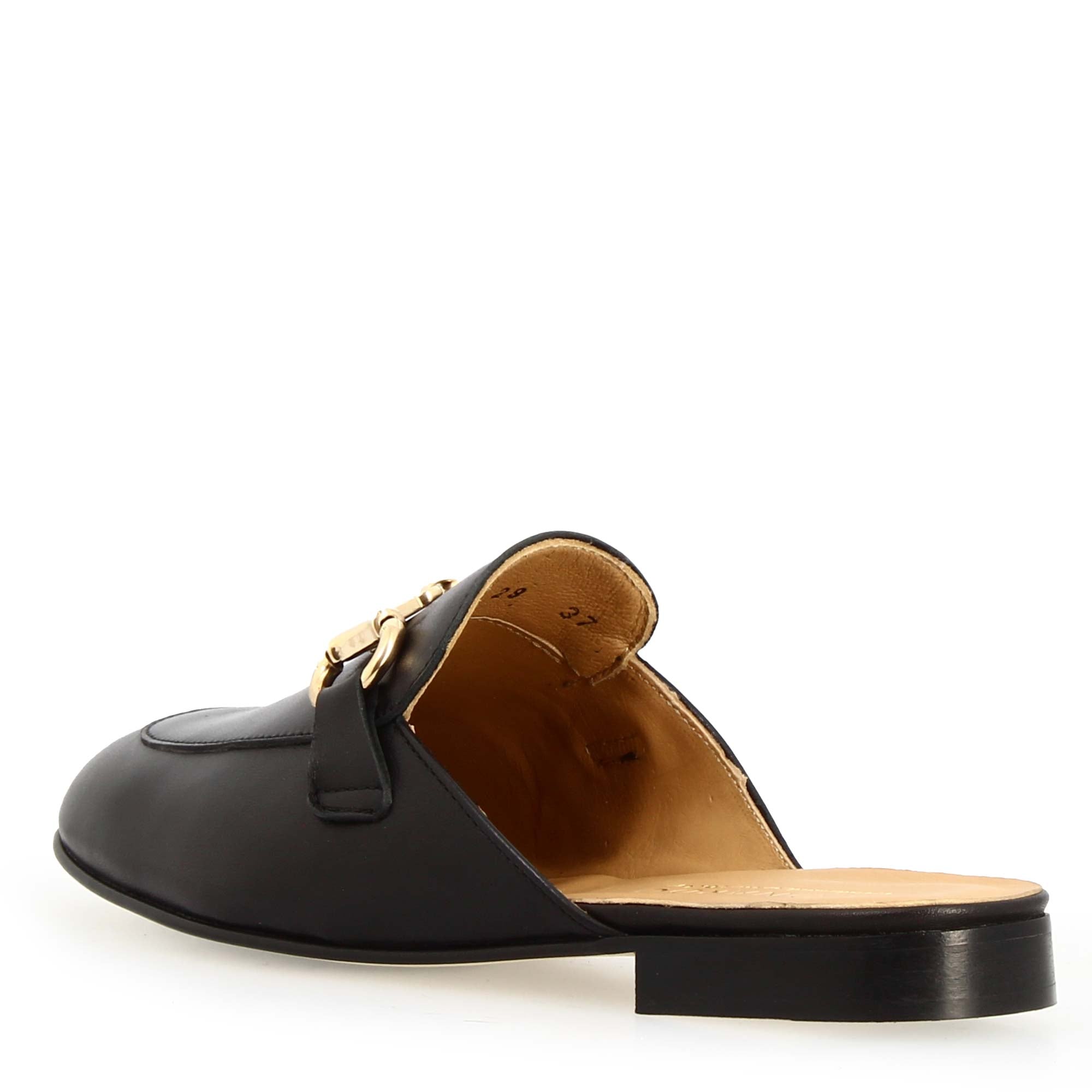 Handmade women's mules shoes with horsebit in black leather.