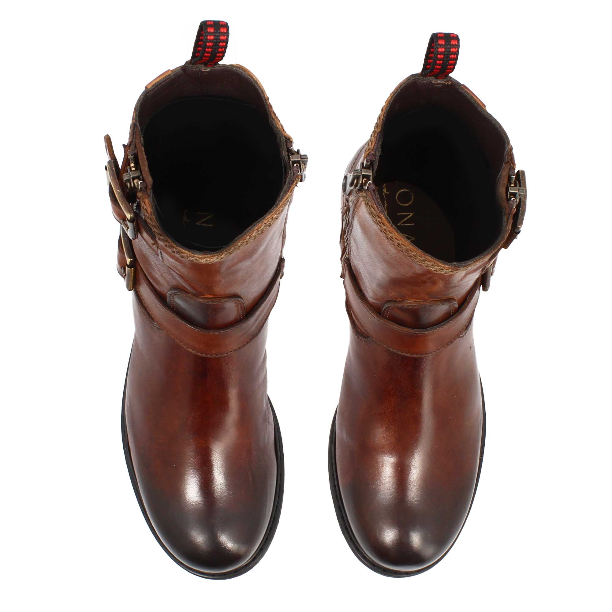 Women's double buckle ankle boot in genuine brown leather