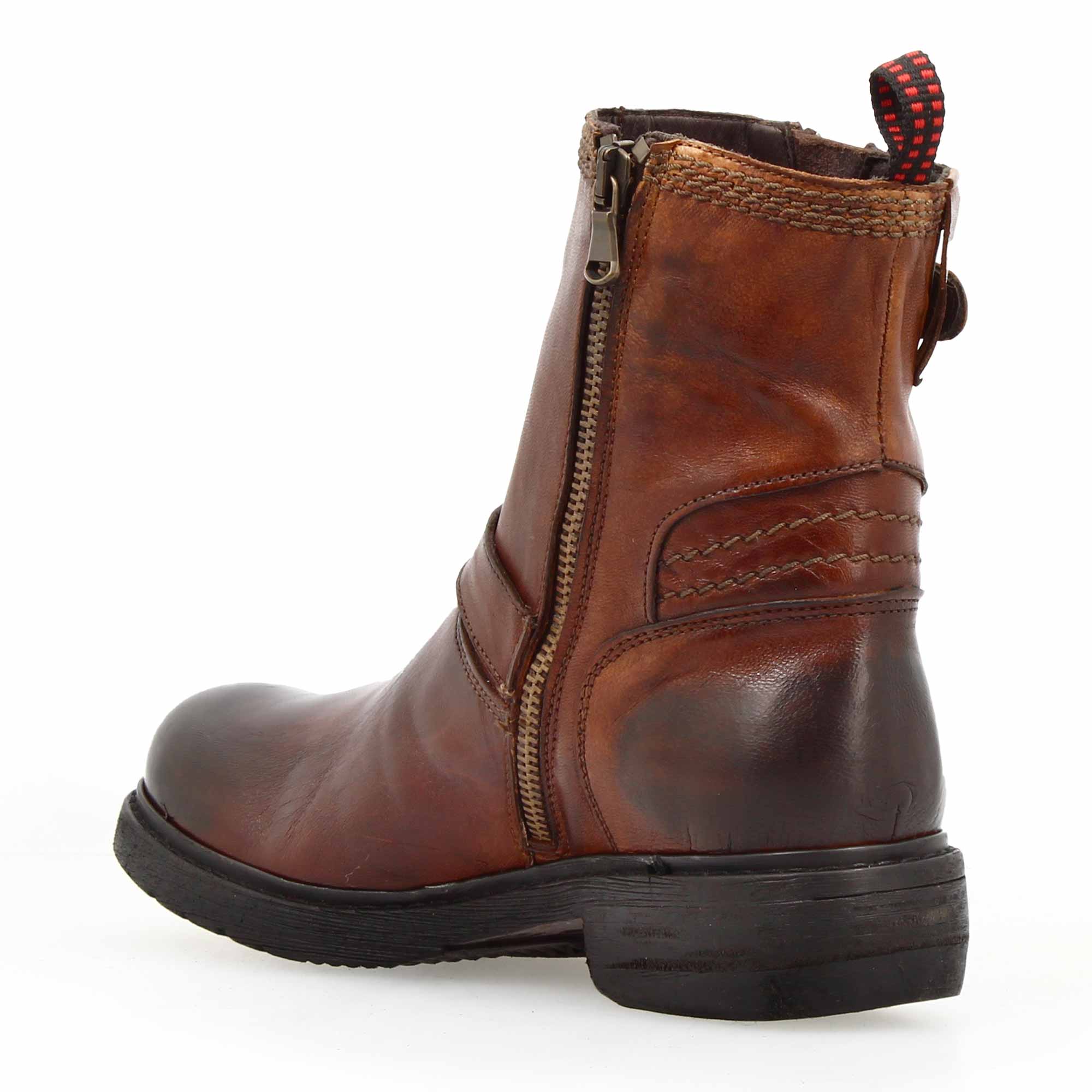 Women's double buckle ankle boot in genuine brown leather