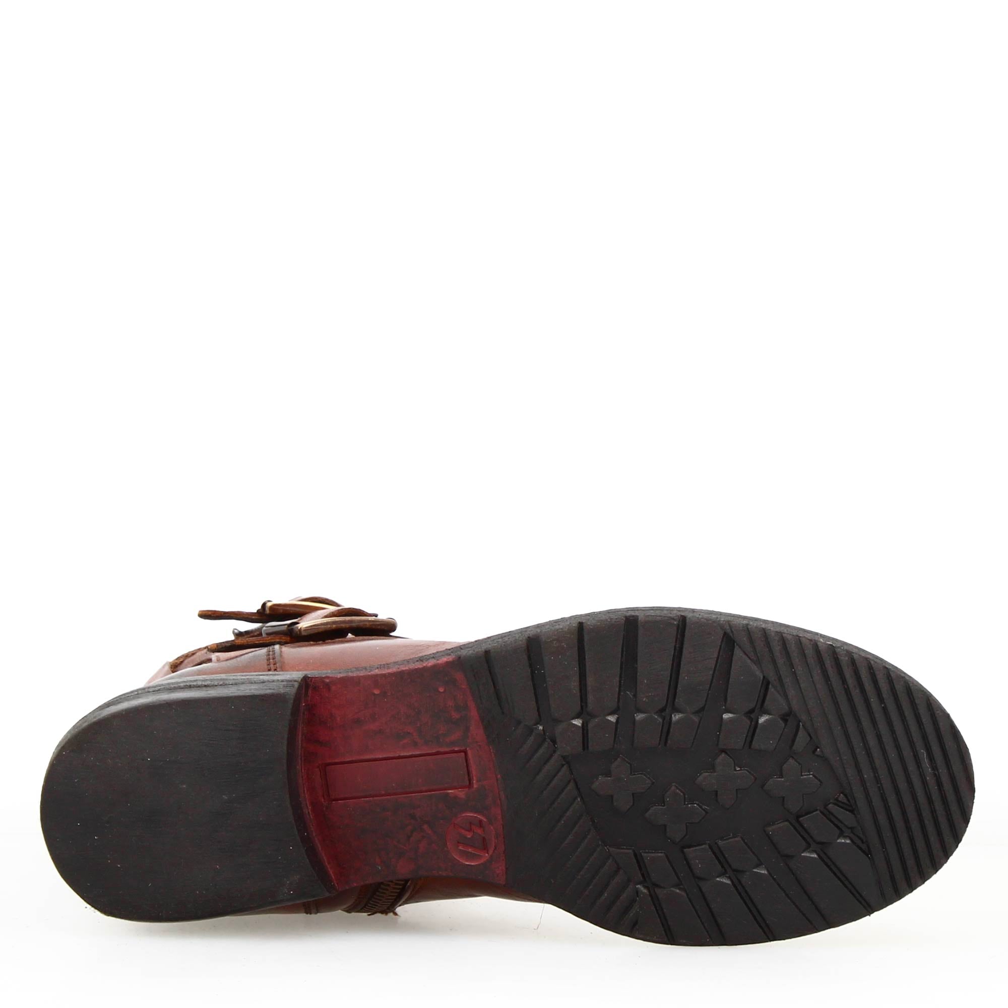 Women's double buckle ankle boot in genuine brown leather