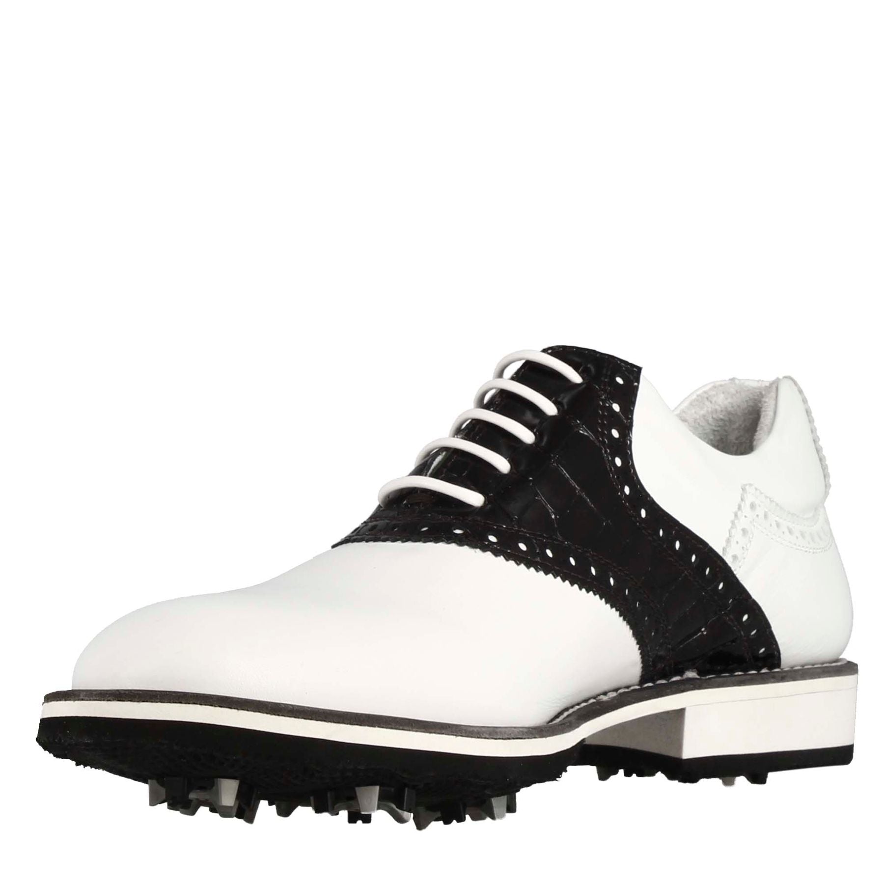 Handcrafted women's golf shoe in white leather with black leather details