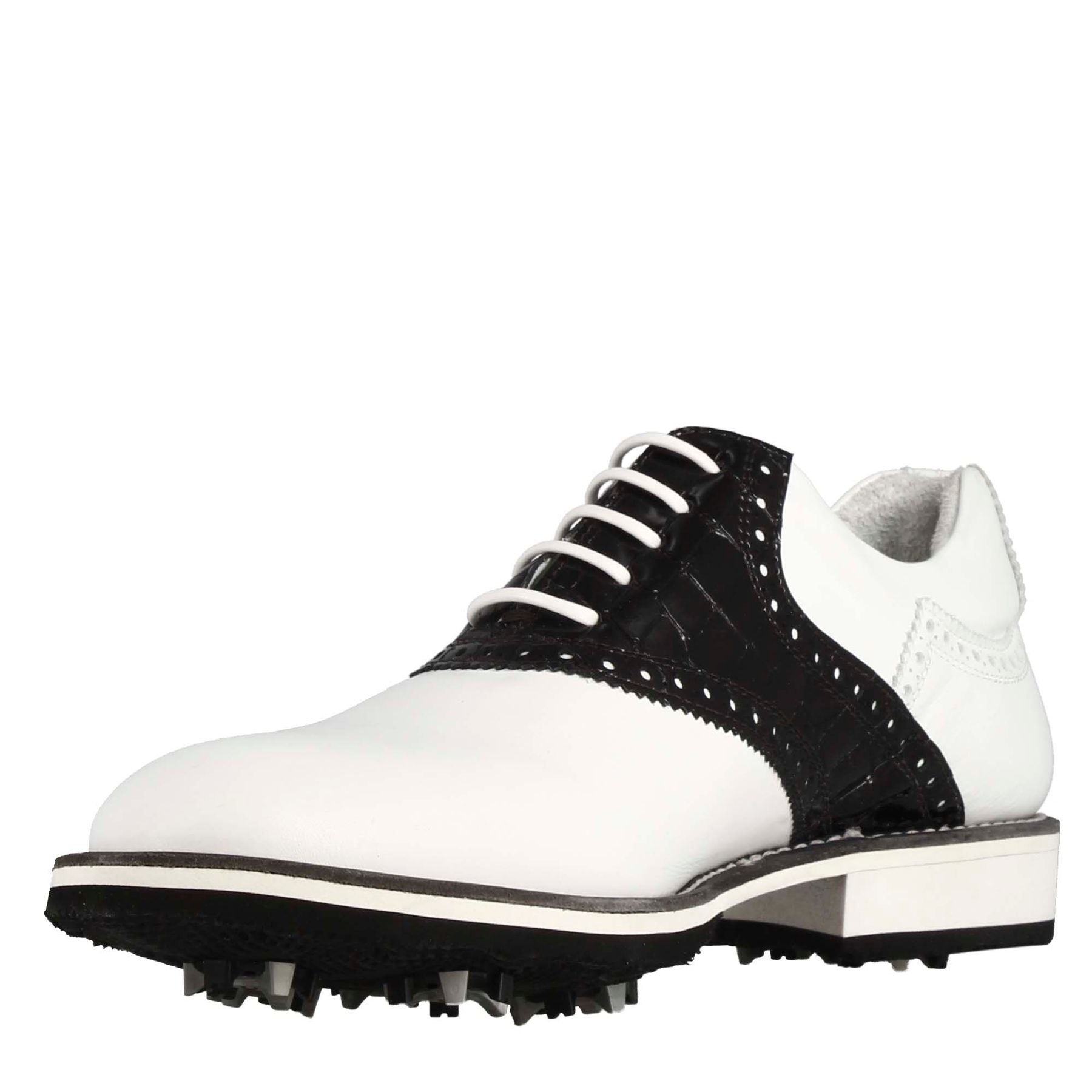 Chaussure de golf pour femme fabriquée à la main en cuir blanc avec détails en cuir noir