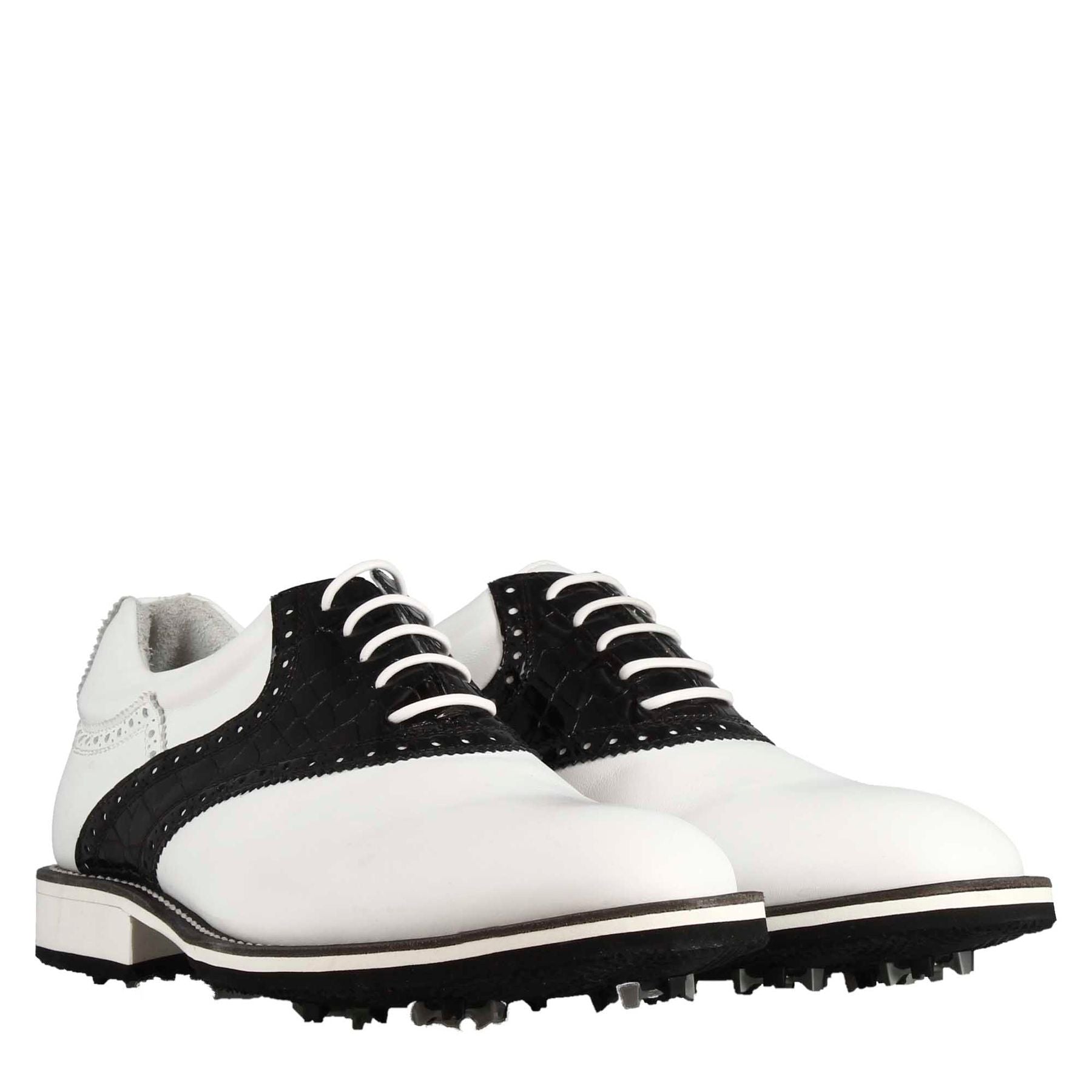 Handcrafted women's golf shoe in white leather with black leather details