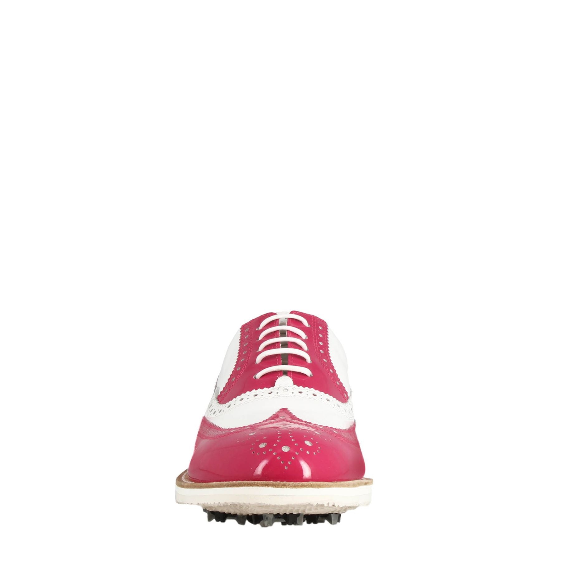 Scarpe golf da donna fatte a mano in pelle lucida colore bianco rosa.