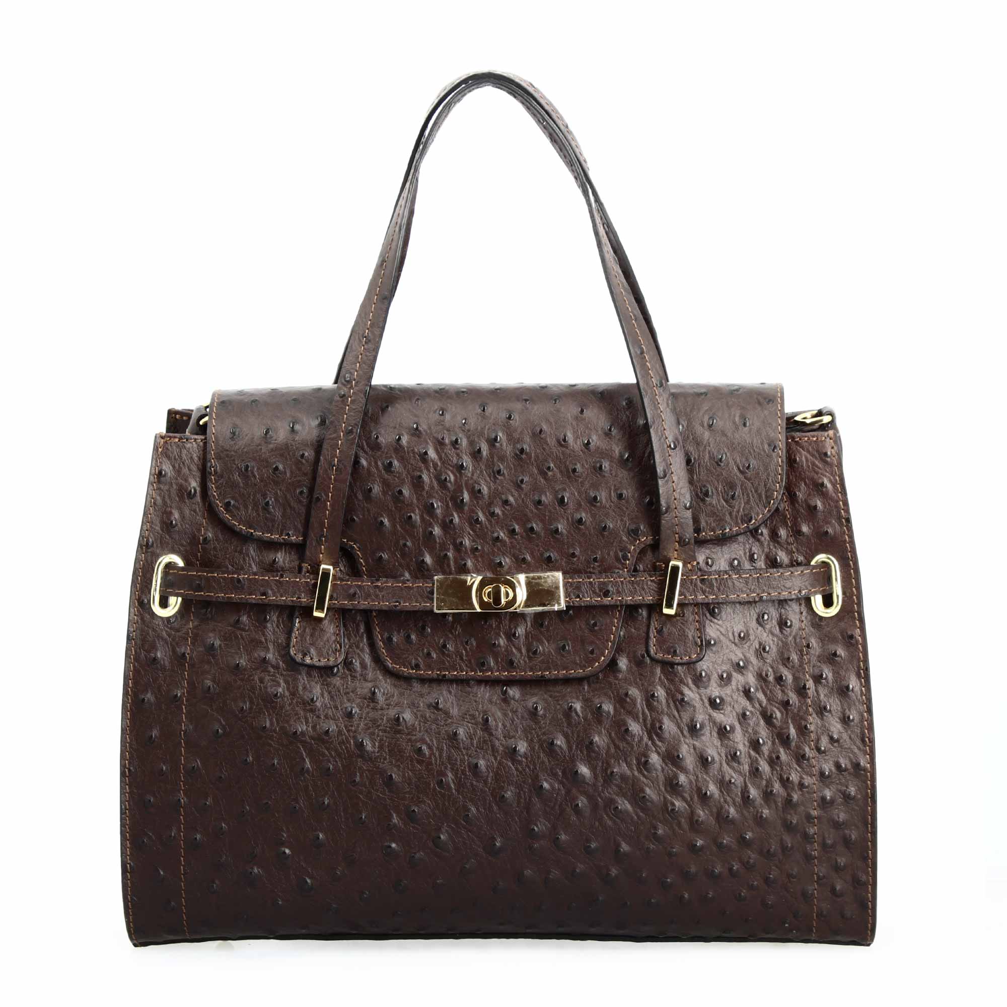 Large handmade women's handbag in dark brown printed leather