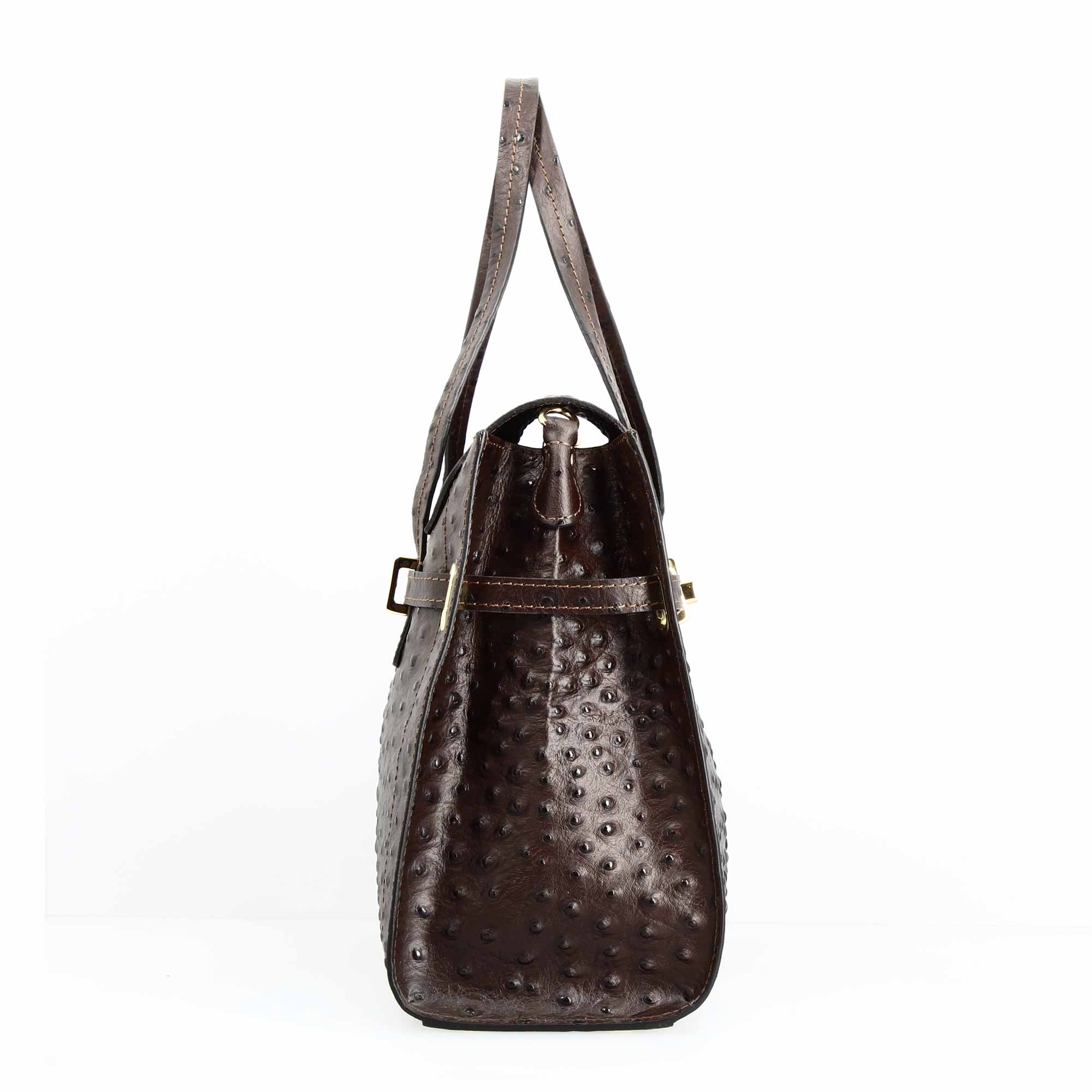 Large handmade women's handbag in dark brown printed leather