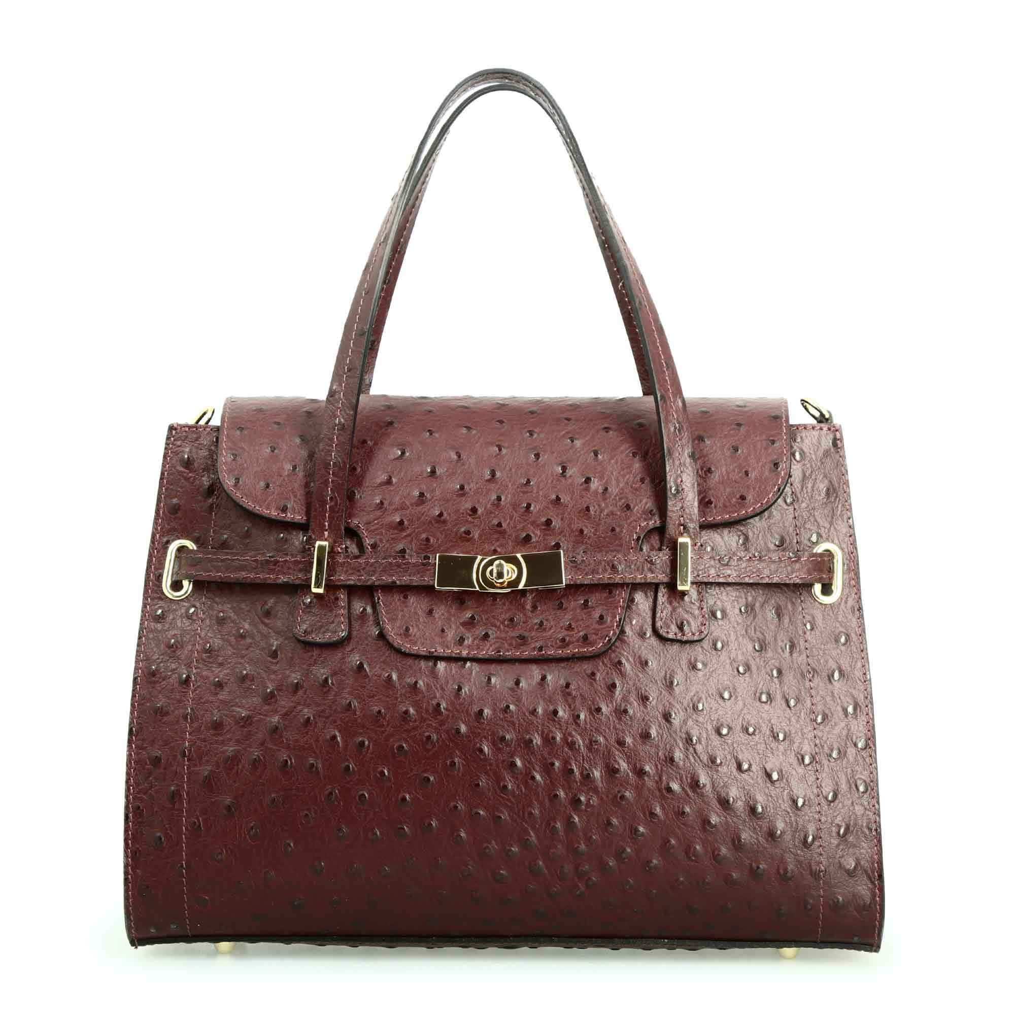 Large handcrafted women's handbag in burgundy printed leather