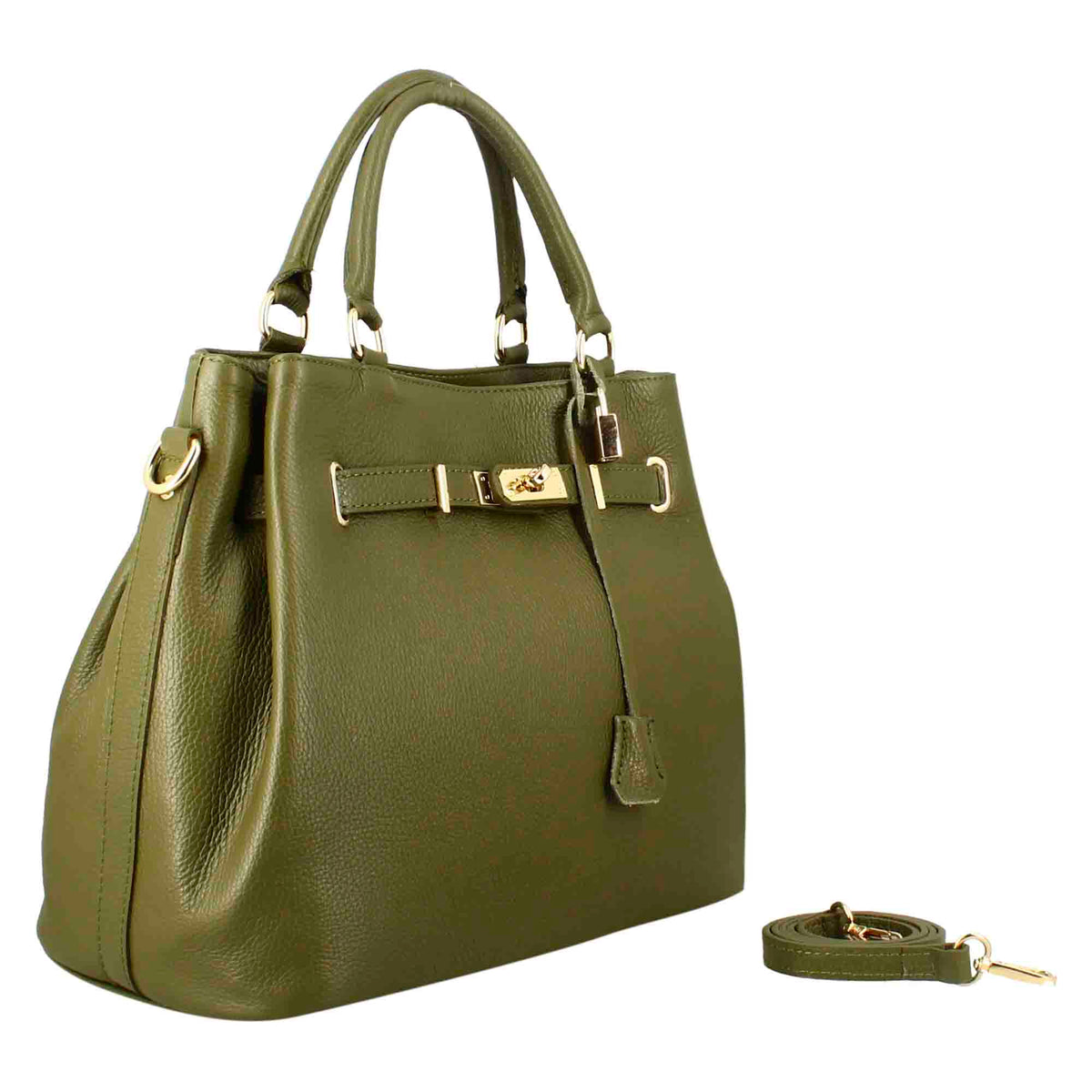 Frida leather handbag with removable green shoulder strap