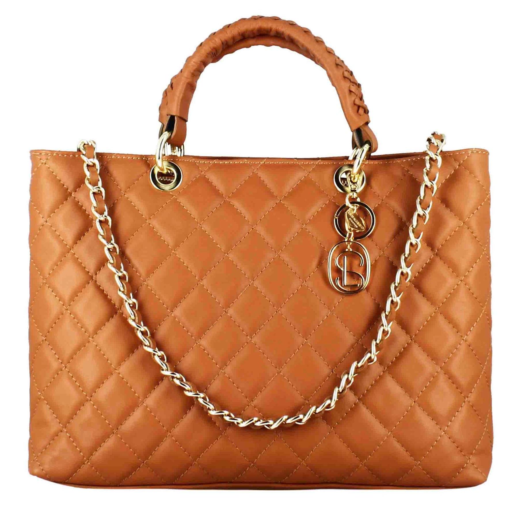 Vanity shopper bag with shoulder strap in brown quilted leather