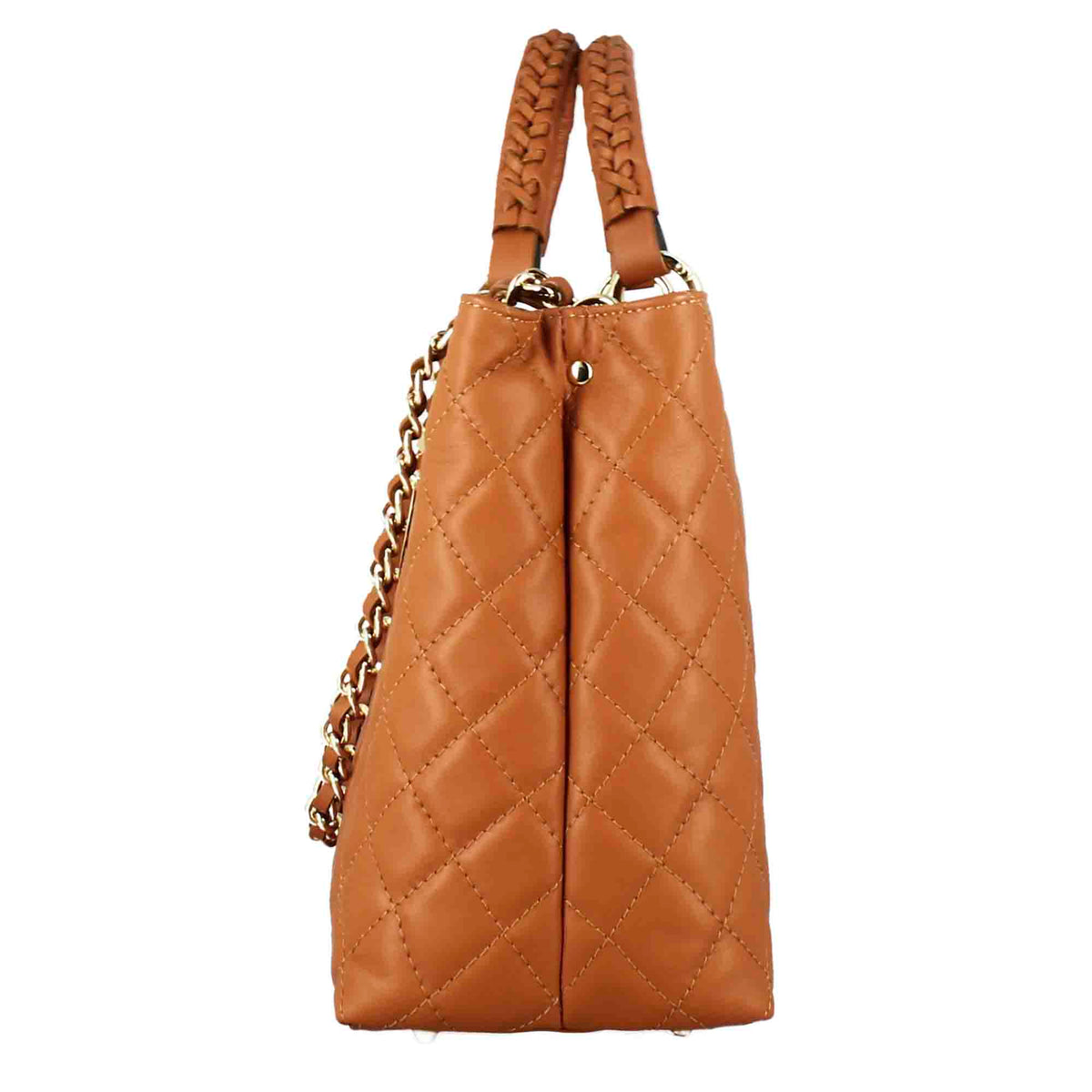 Vanity shopper bag with shoulder strap in brown quilted leather