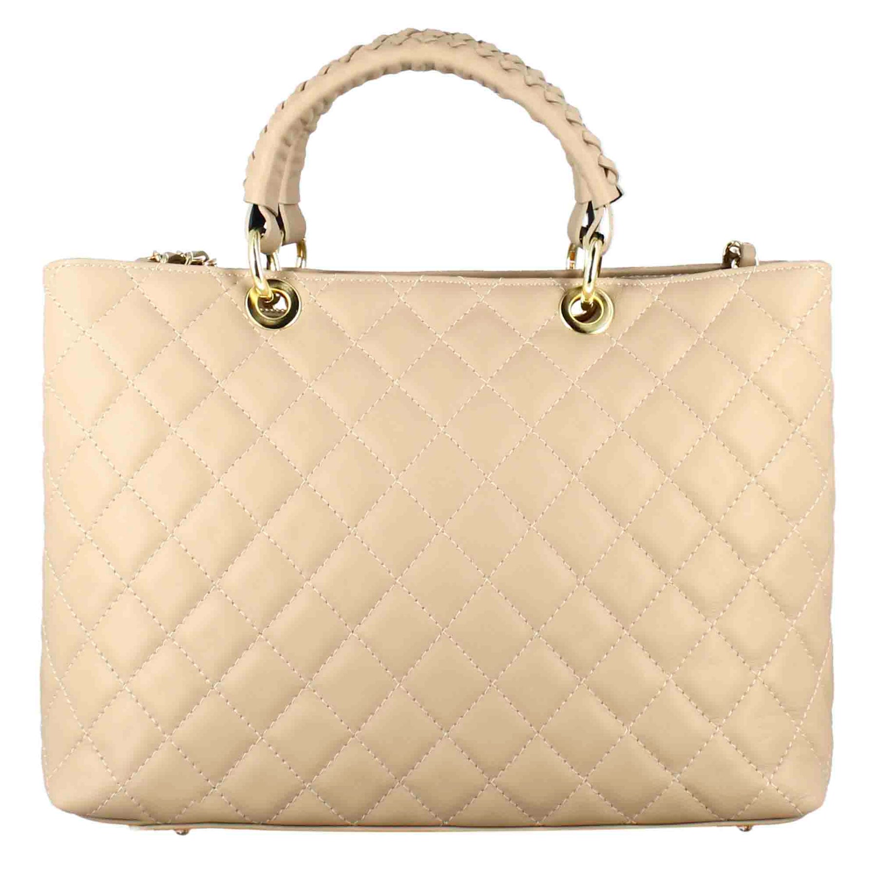 Vanity shopper bag with quilted leather shoulder strap beige colour