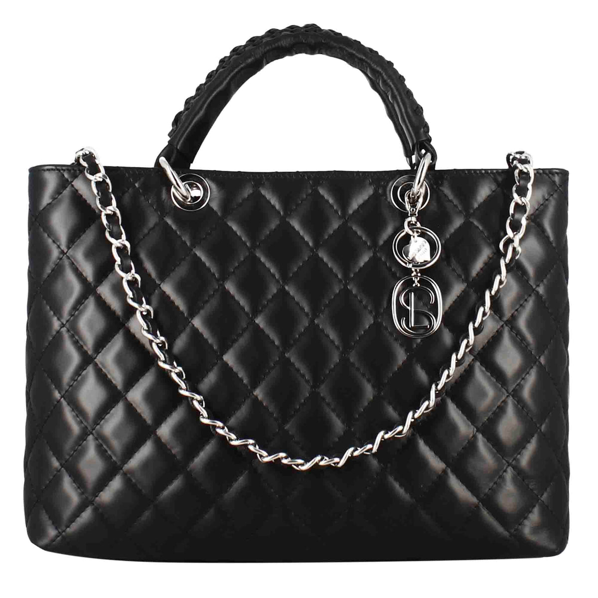 Vanity Shopper-Tasche mit Schulterriemen aus gestepptem Leder in Schwarz