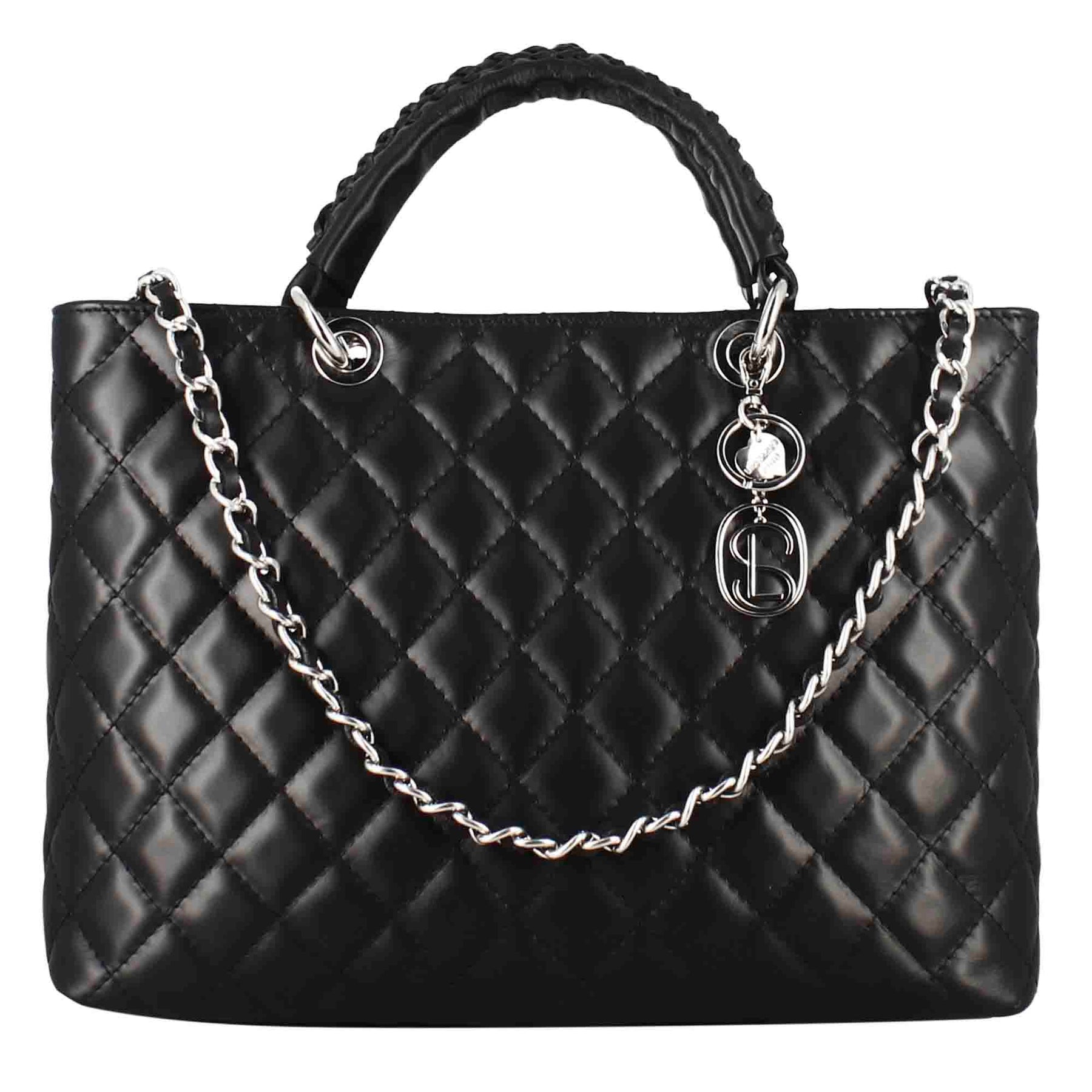 Vanity shopper bag with black quilted leather shoulder strap