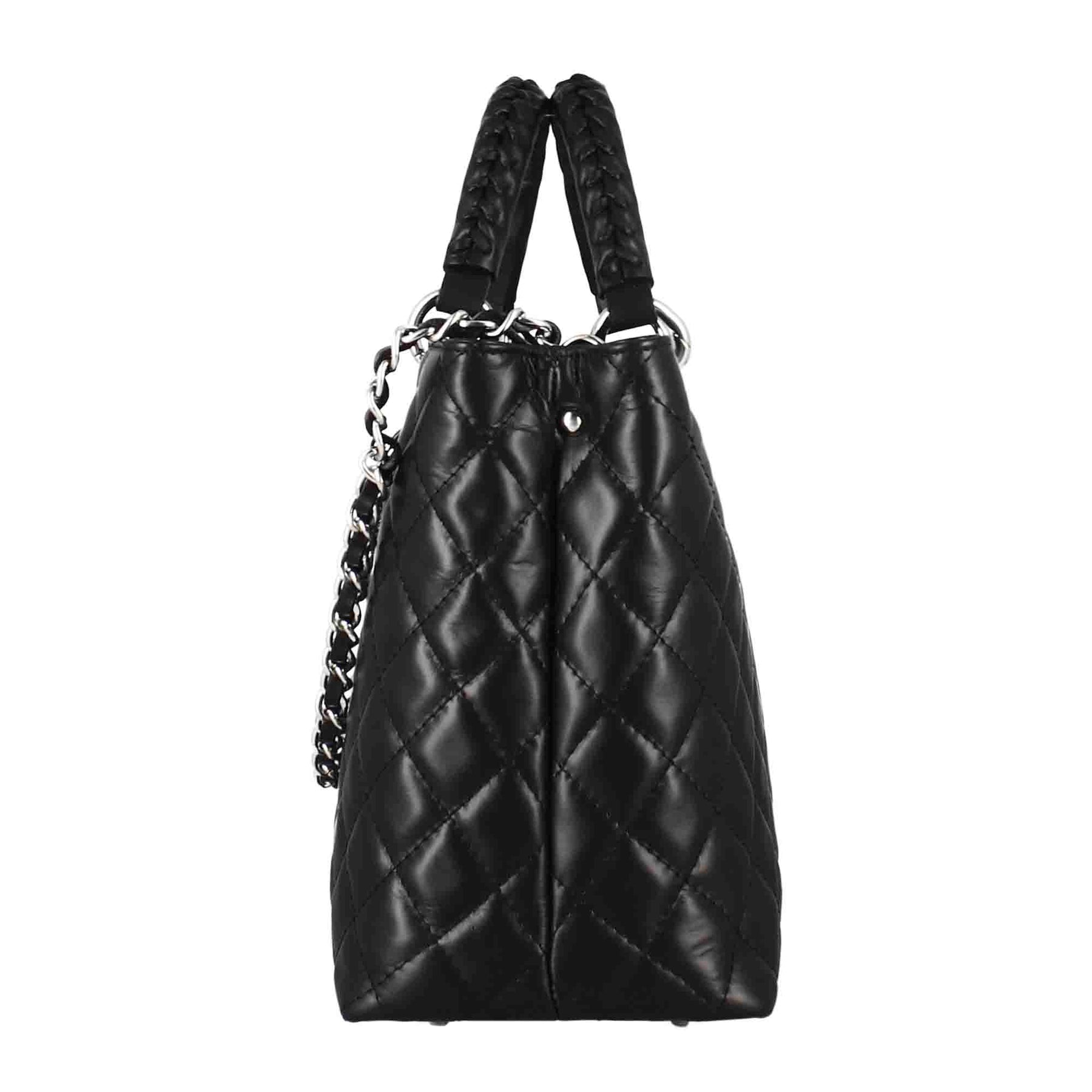 Vanity shopper bag with black quilted leather shoulder strap