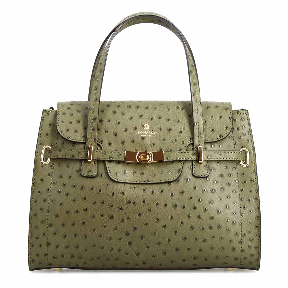 Rosetta L - Grand sac à main en cuir effet autruche, vert sauge